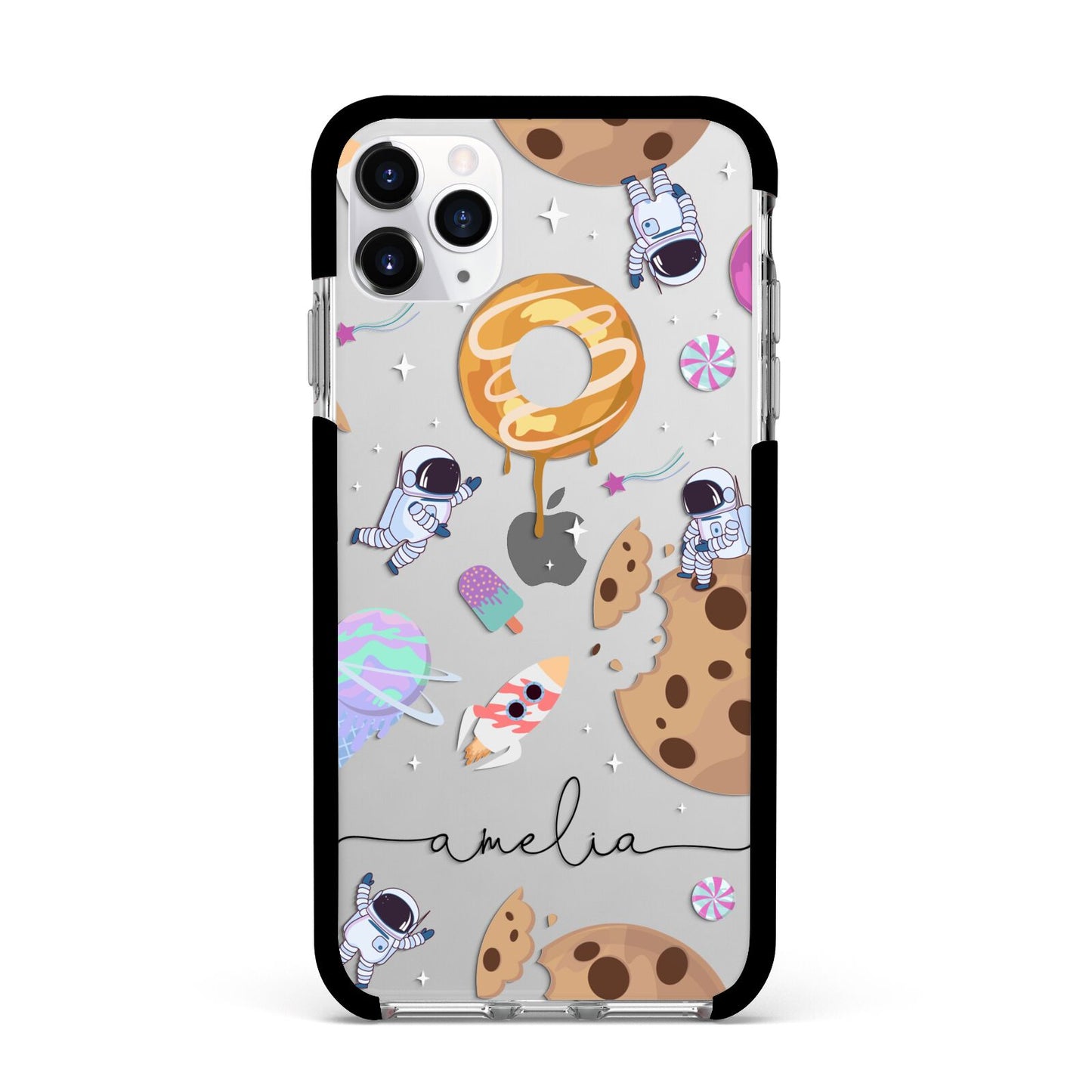 Candyland Galaxy Clear Personalised Apple iPhone 11 Pro Max in Silver with Black Impact Case