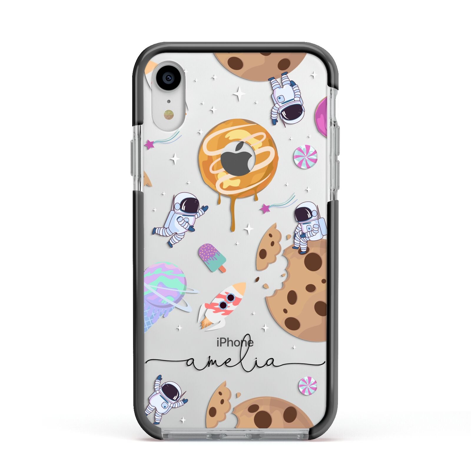 Candyland Galaxy Clear Personalised Apple iPhone XR Impact Case Black Edge on Silver Phone