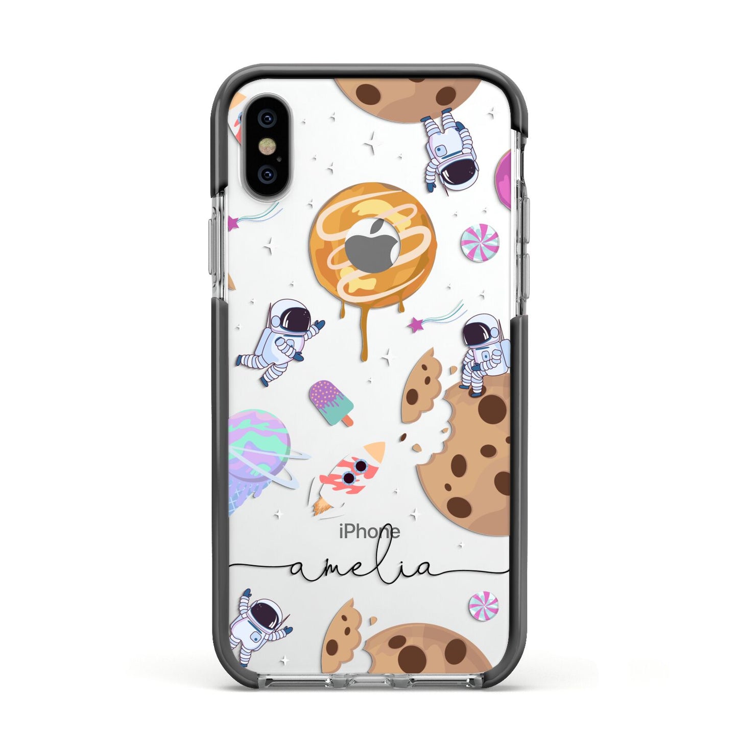 Candyland Galaxy Clear Personalised Apple iPhone Xs Impact Case Black Edge on Silver Phone