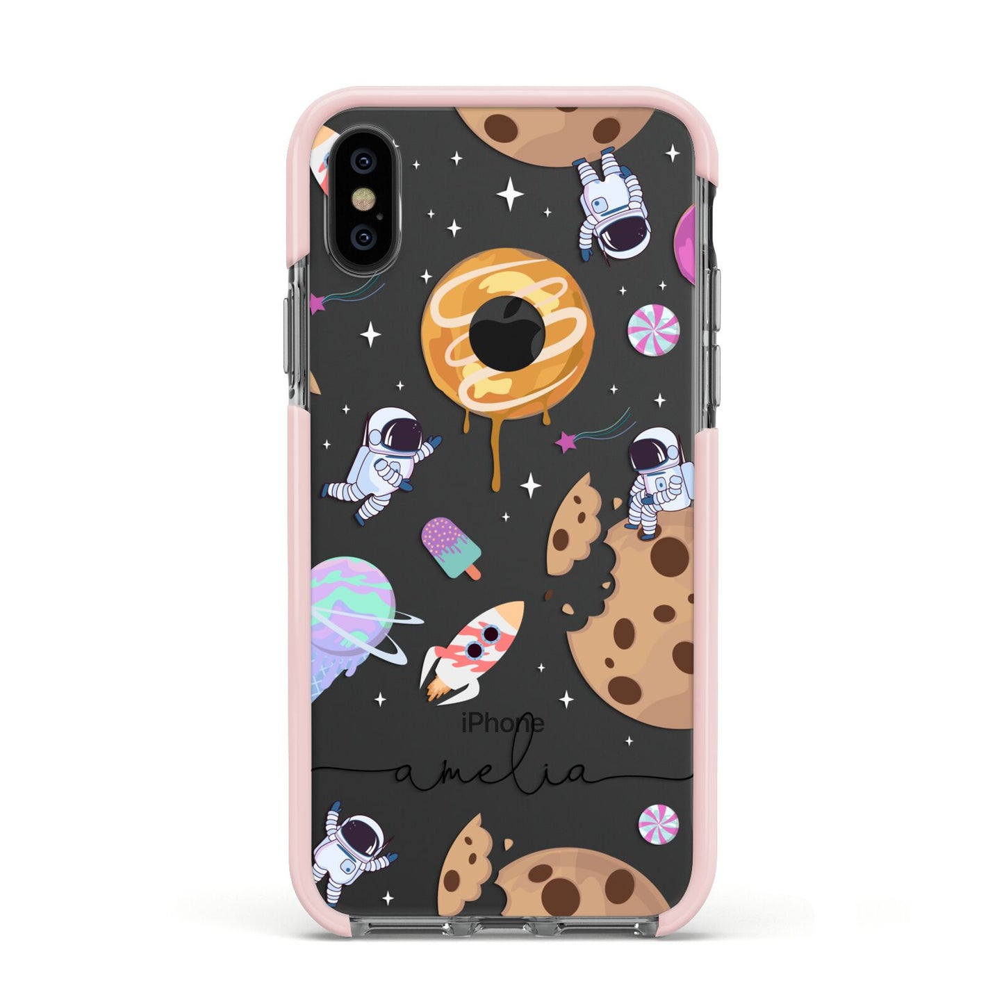 Candyland Galaxy Clear Personalised Apple iPhone Xs Impact Case Pink Edge on Black Phone