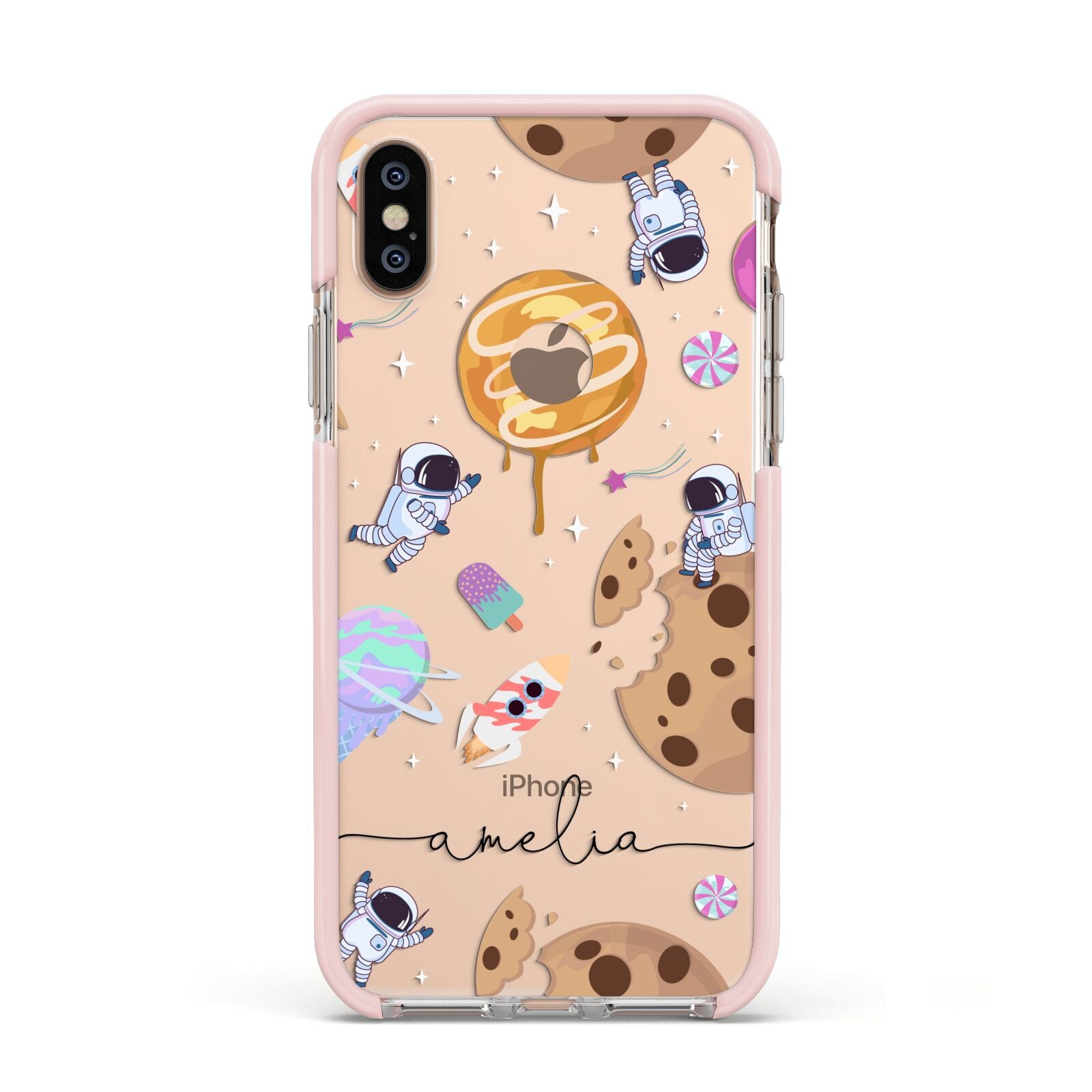Candyland Galaxy Clear Personalised Apple iPhone Xs Impact Case Pink Edge on Gold Phone