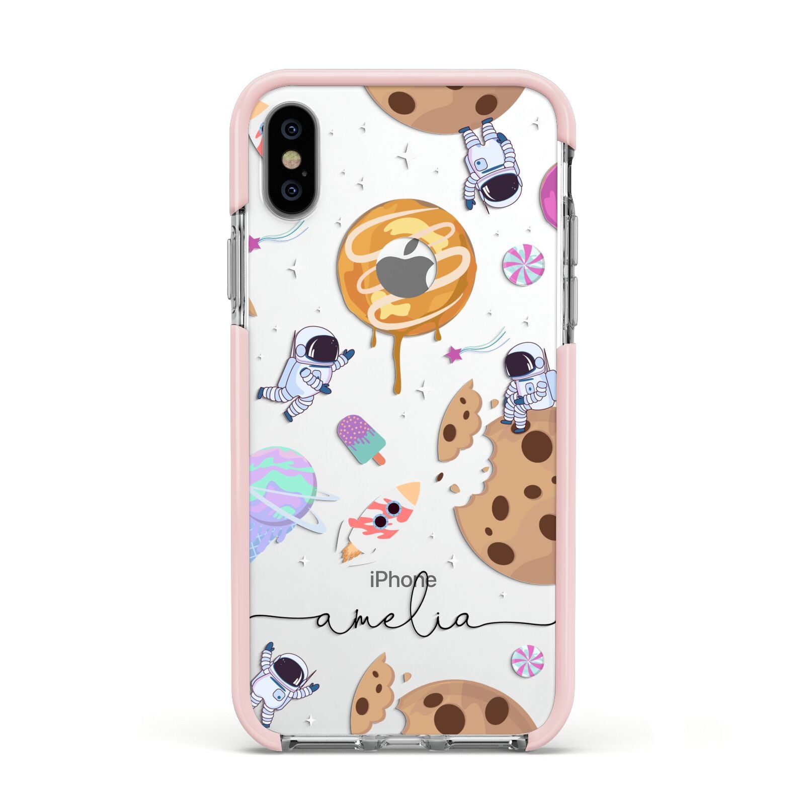 Candyland Galaxy Clear Personalised Apple iPhone Xs Impact Case Pink Edge on Silver Phone