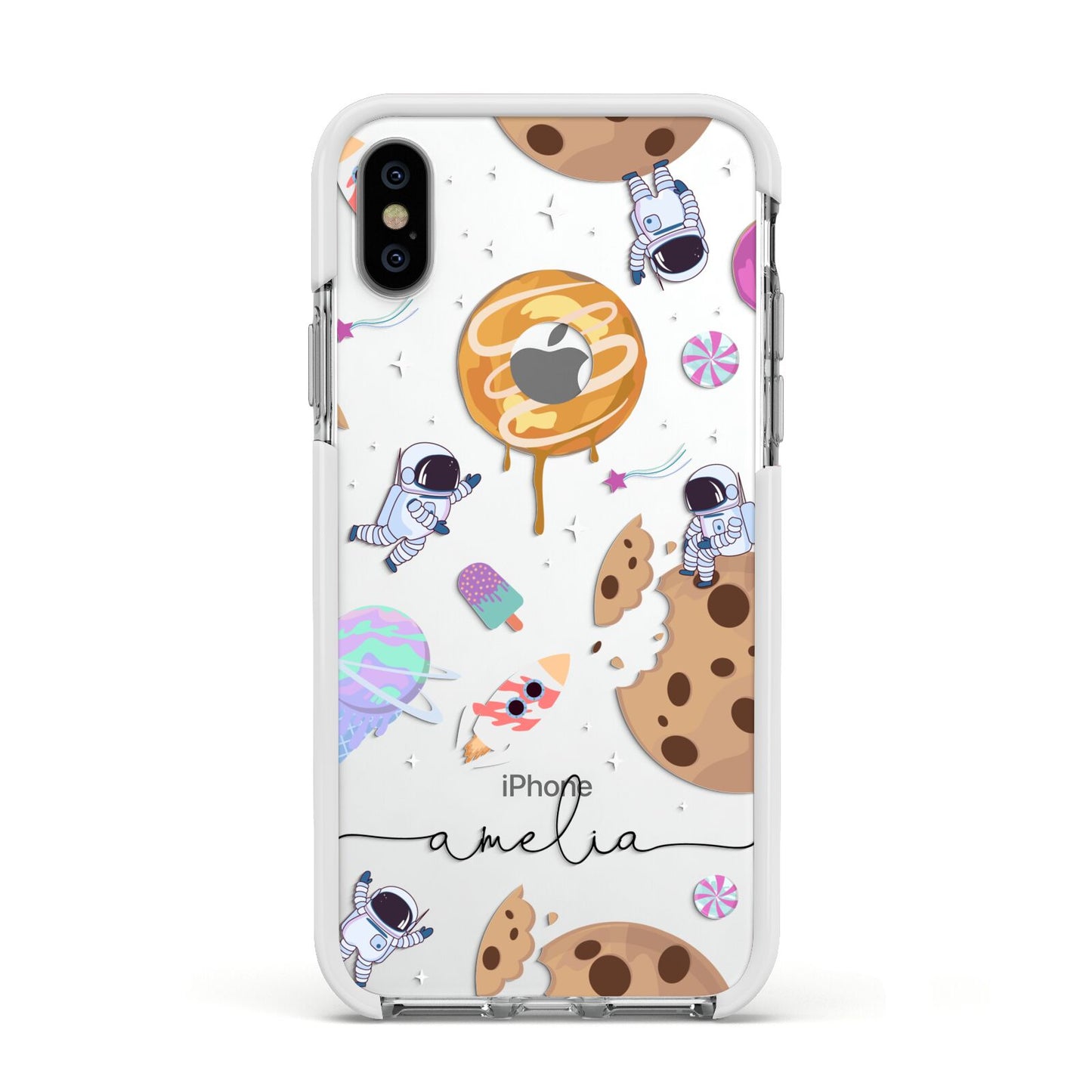 Candyland Galaxy Clear Personalised Apple iPhone Xs Impact Case White Edge on Silver Phone