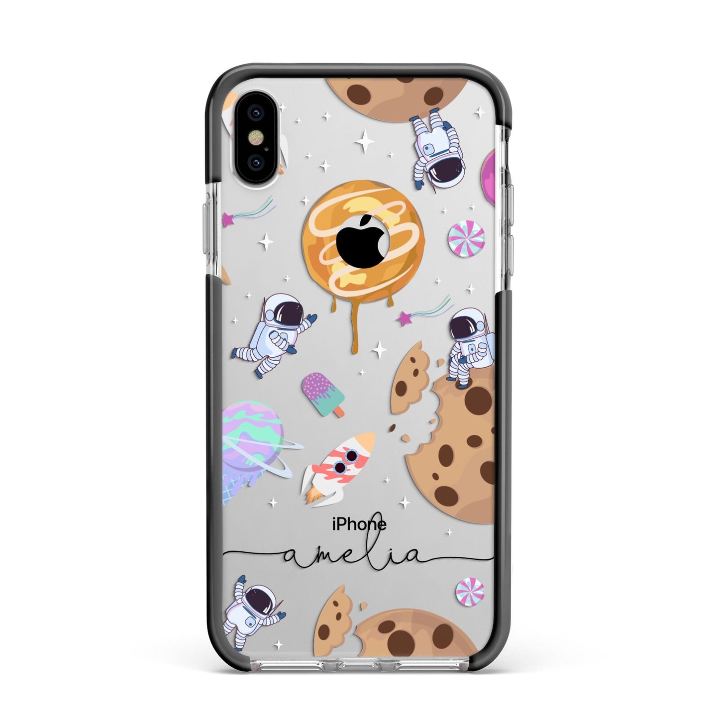 Candyland Galaxy Clear Personalised Apple iPhone Xs Max Impact Case Black Edge on Silver Phone