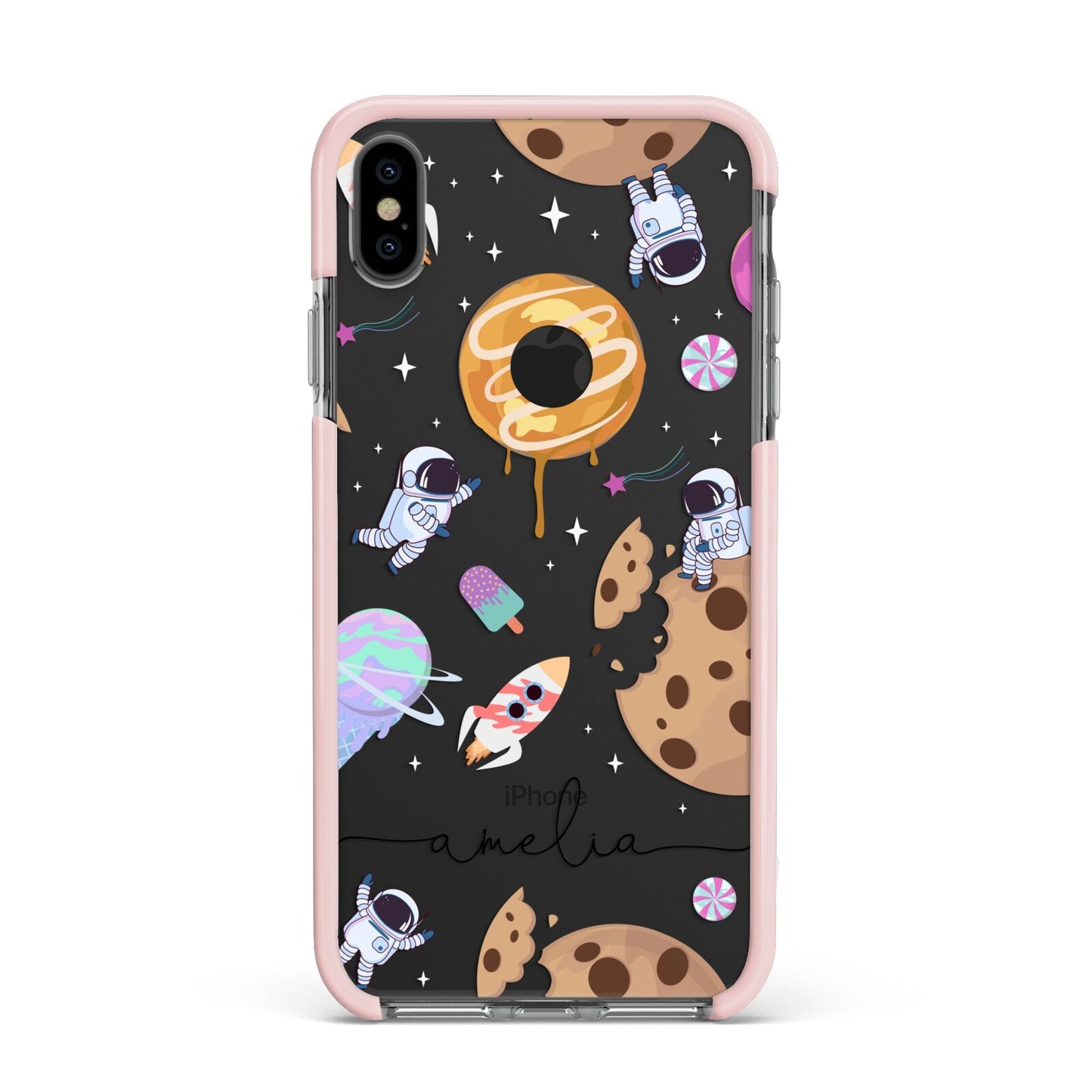 Candyland Galaxy Clear Personalised Apple iPhone Xs Max Impact Case Pink Edge on Black Phone