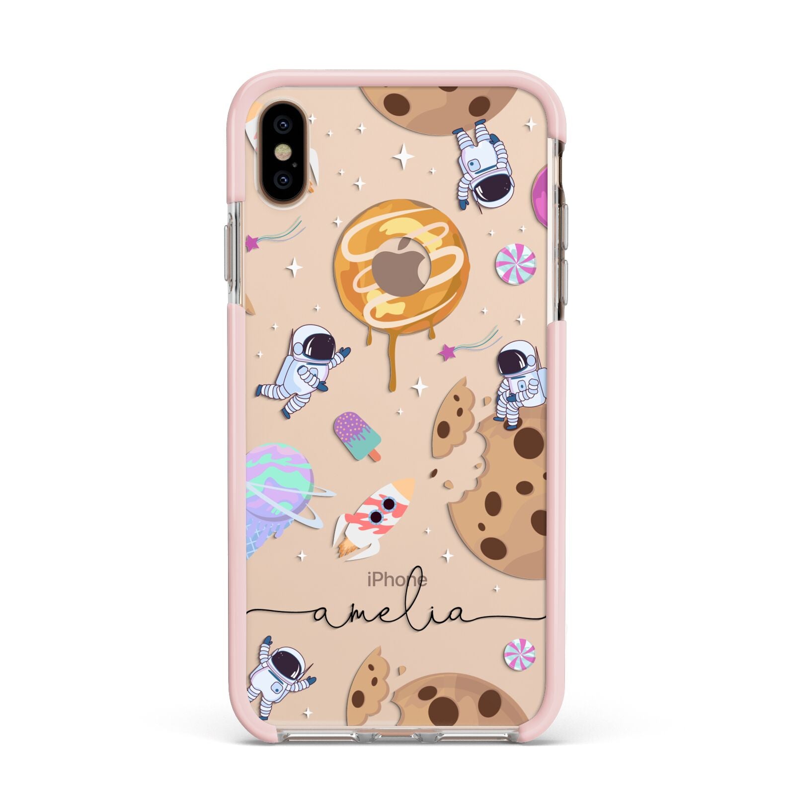 Candyland Galaxy Clear Personalised Apple iPhone Xs Max Impact Case Pink Edge on Gold Phone