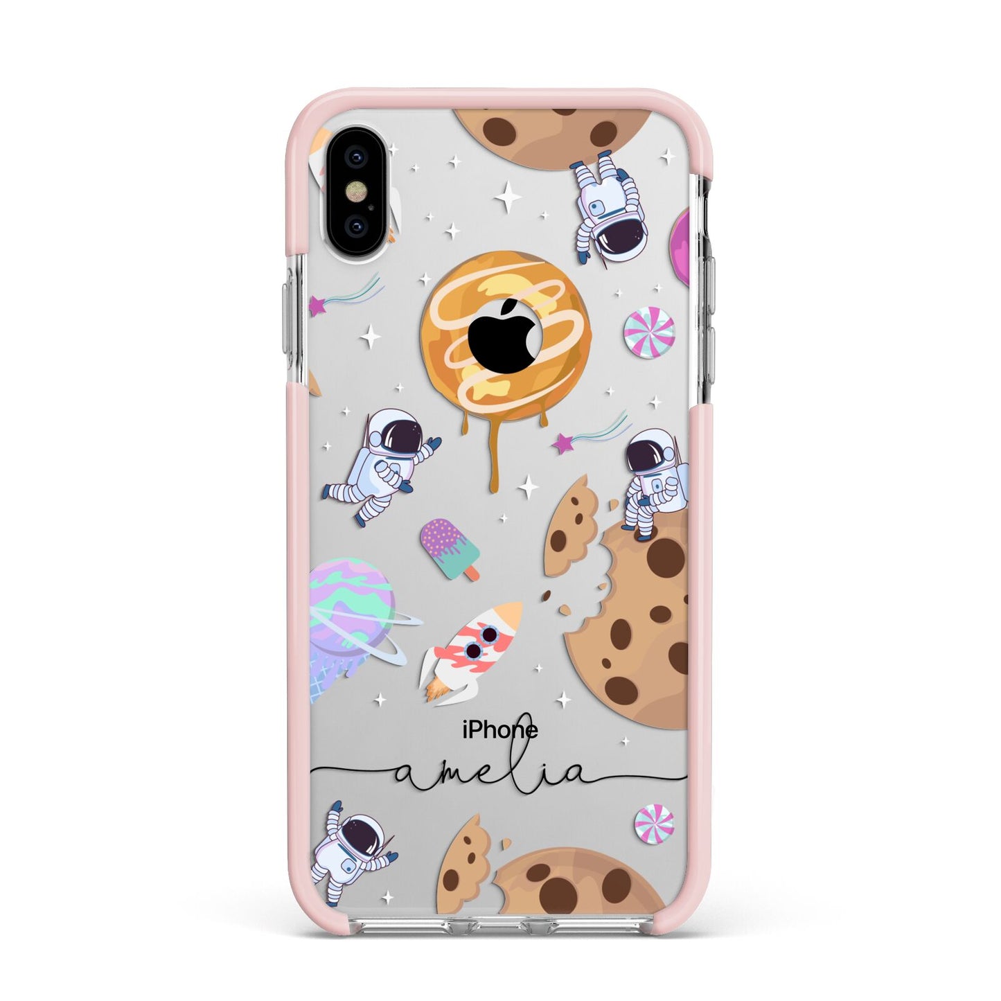 Candyland Galaxy Clear Personalised Apple iPhone Xs Max Impact Case Pink Edge on Silver Phone
