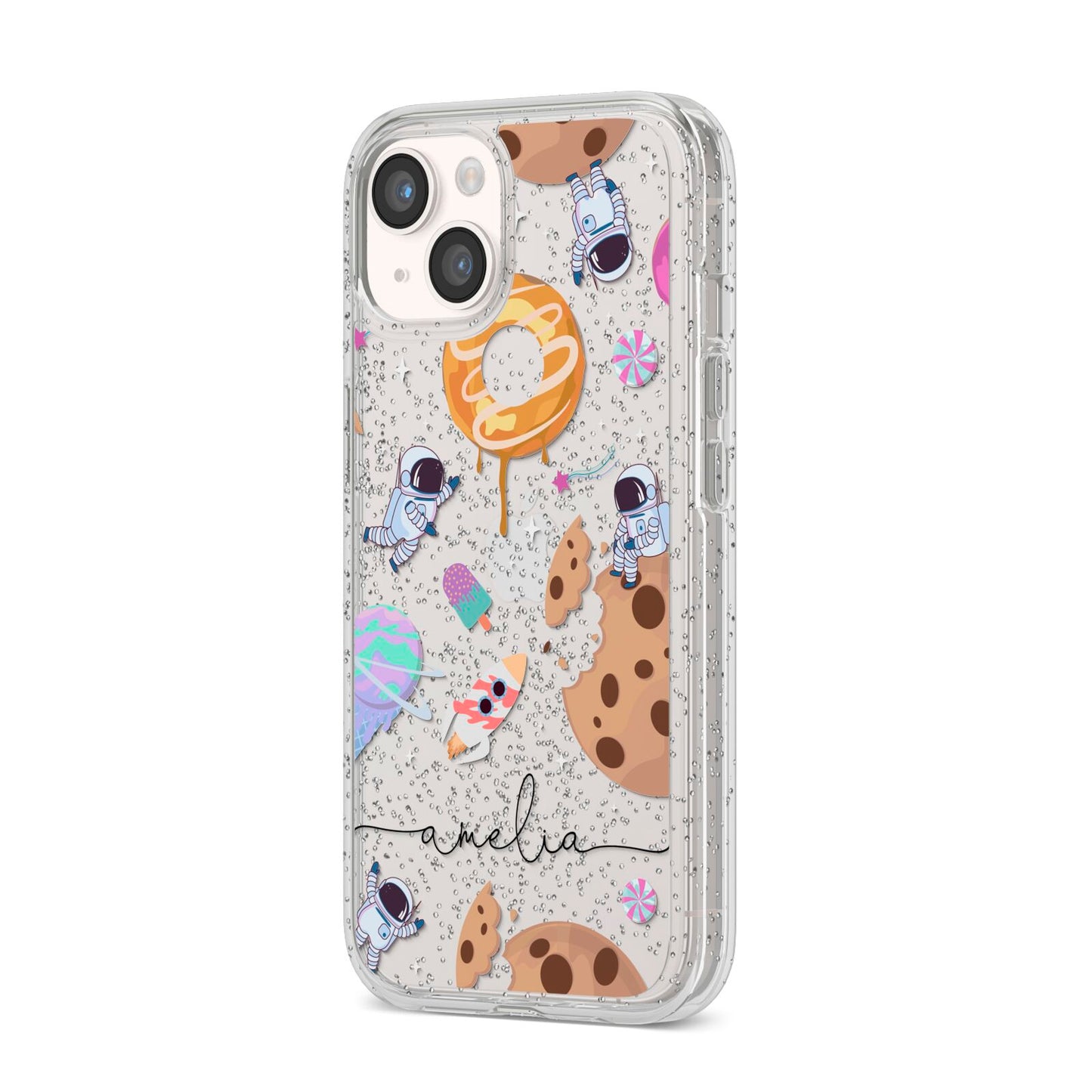 Candyland Galaxy Clear Personalised iPhone 14 Glitter Tough Case Starlight Angled Image