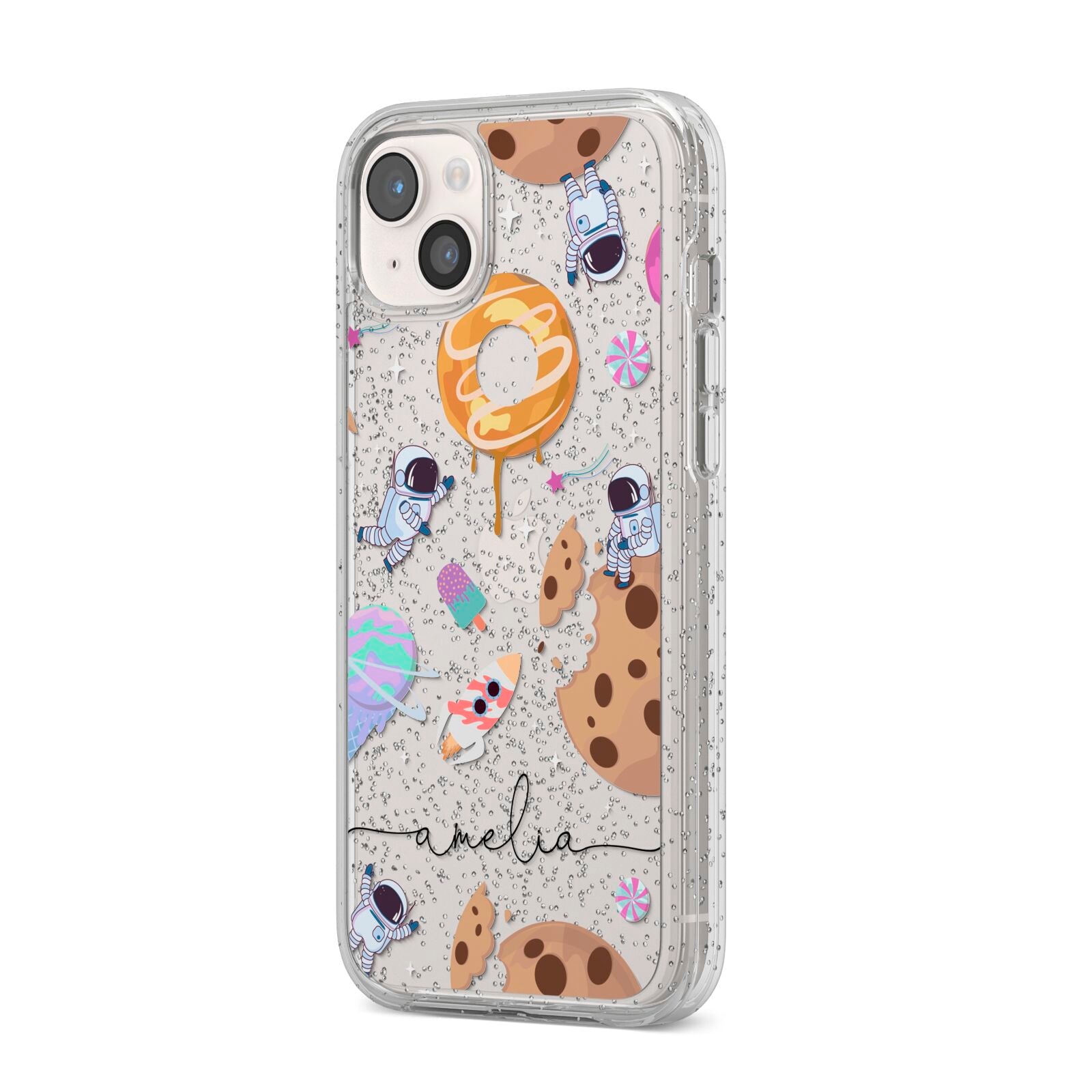 Candyland Galaxy Clear Personalised iPhone 14 Plus Glitter Tough Case Starlight Angled Image