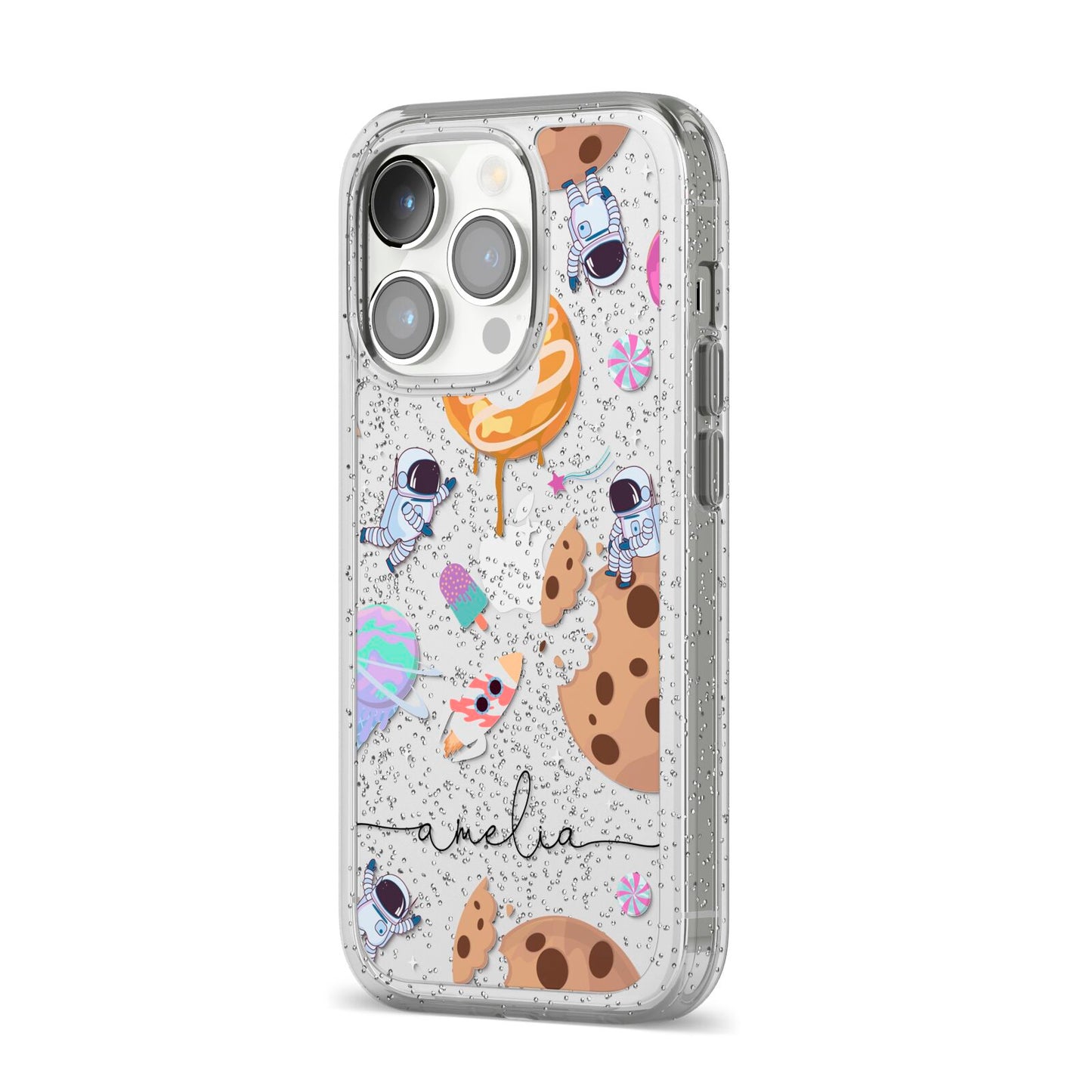 Candyland Galaxy Clear Personalised iPhone 14 Pro Glitter Tough Case Silver Angled Image