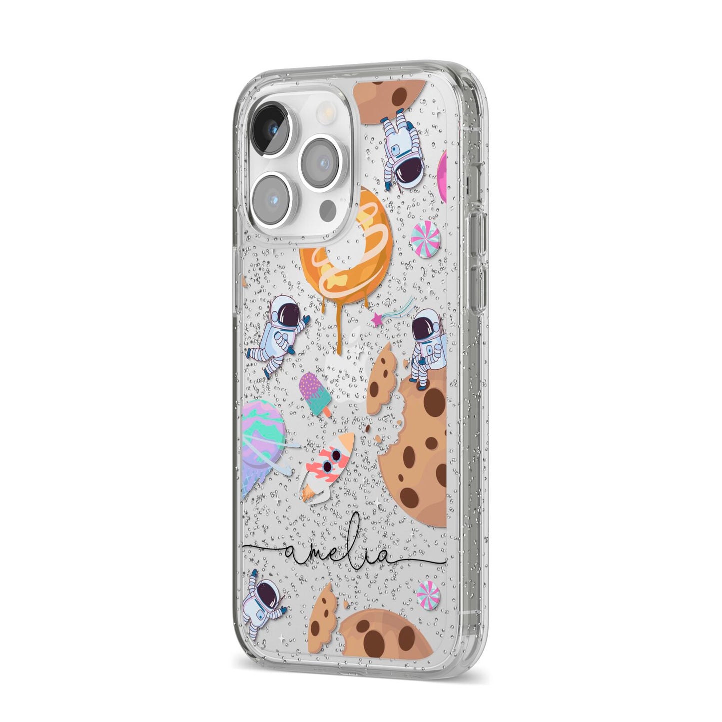 Candyland Galaxy Clear Personalised iPhone 14 Pro Max Glitter Tough Case Silver Angled Image
