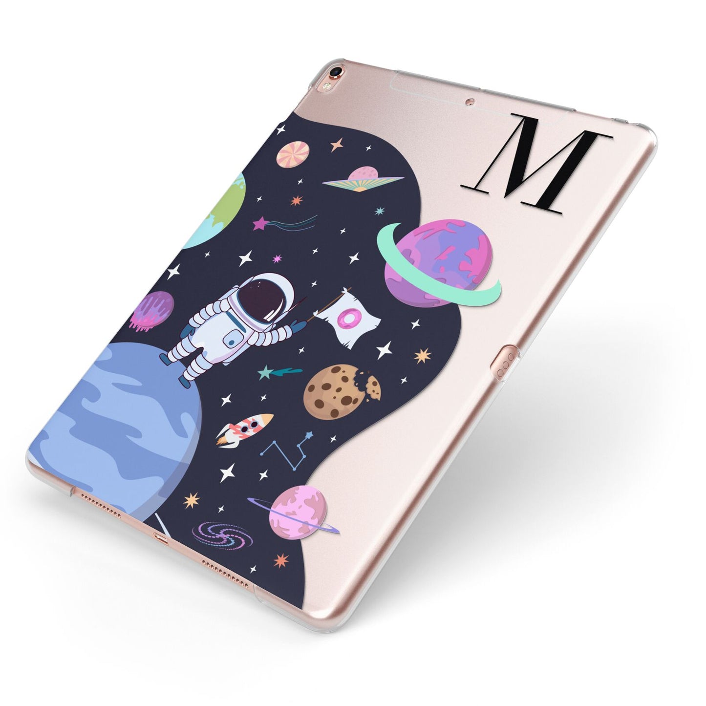 Candyland Galaxy Custom Initial Apple iPad Case on Rose Gold iPad Side View