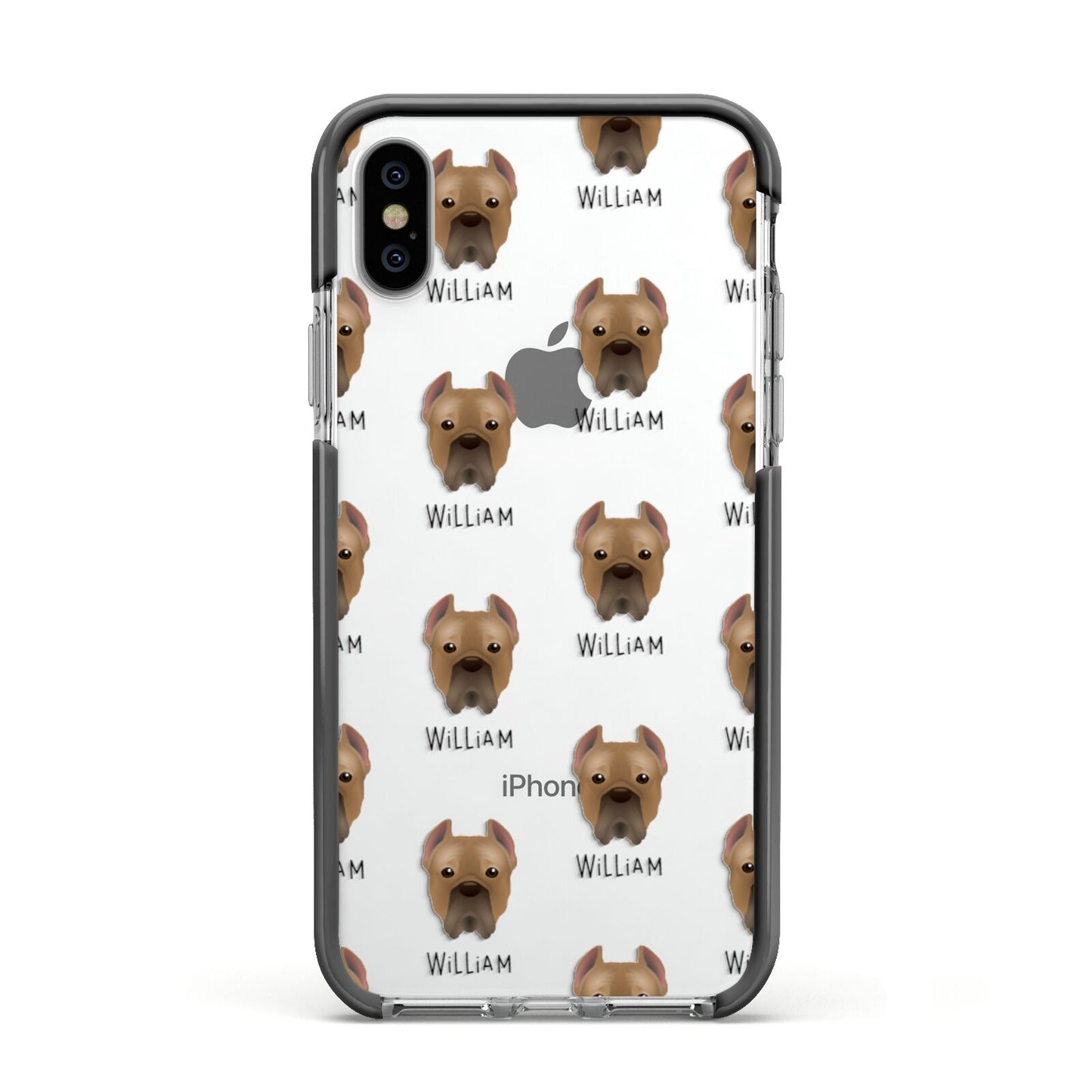 Cane Corso Italiano Icon with Name Apple iPhone Xs Impact Case Black Edge on Silver Phone