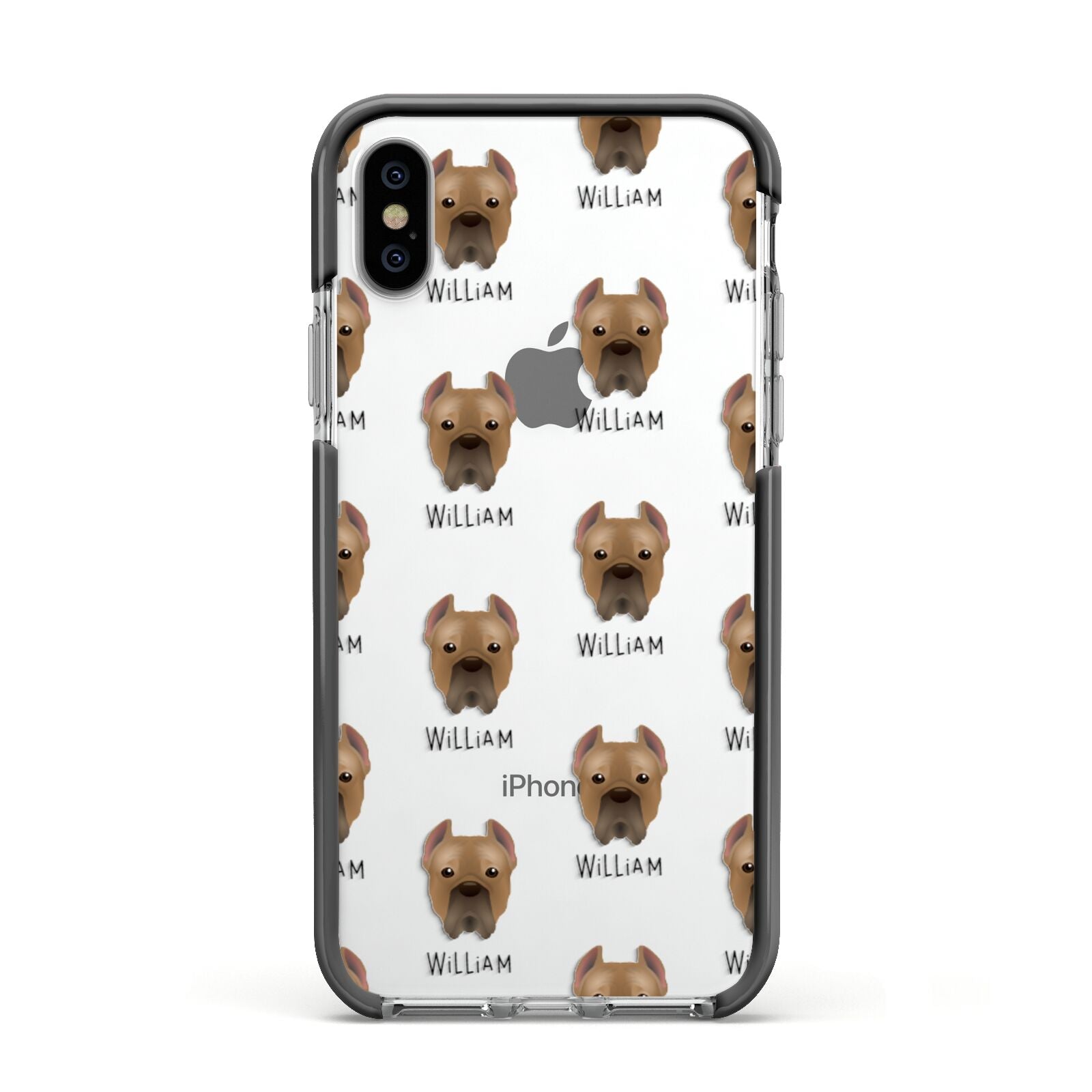 Cane Corso Italiano Icon with Name Apple iPhone Xs Impact Case Black Edge on Silver Phone