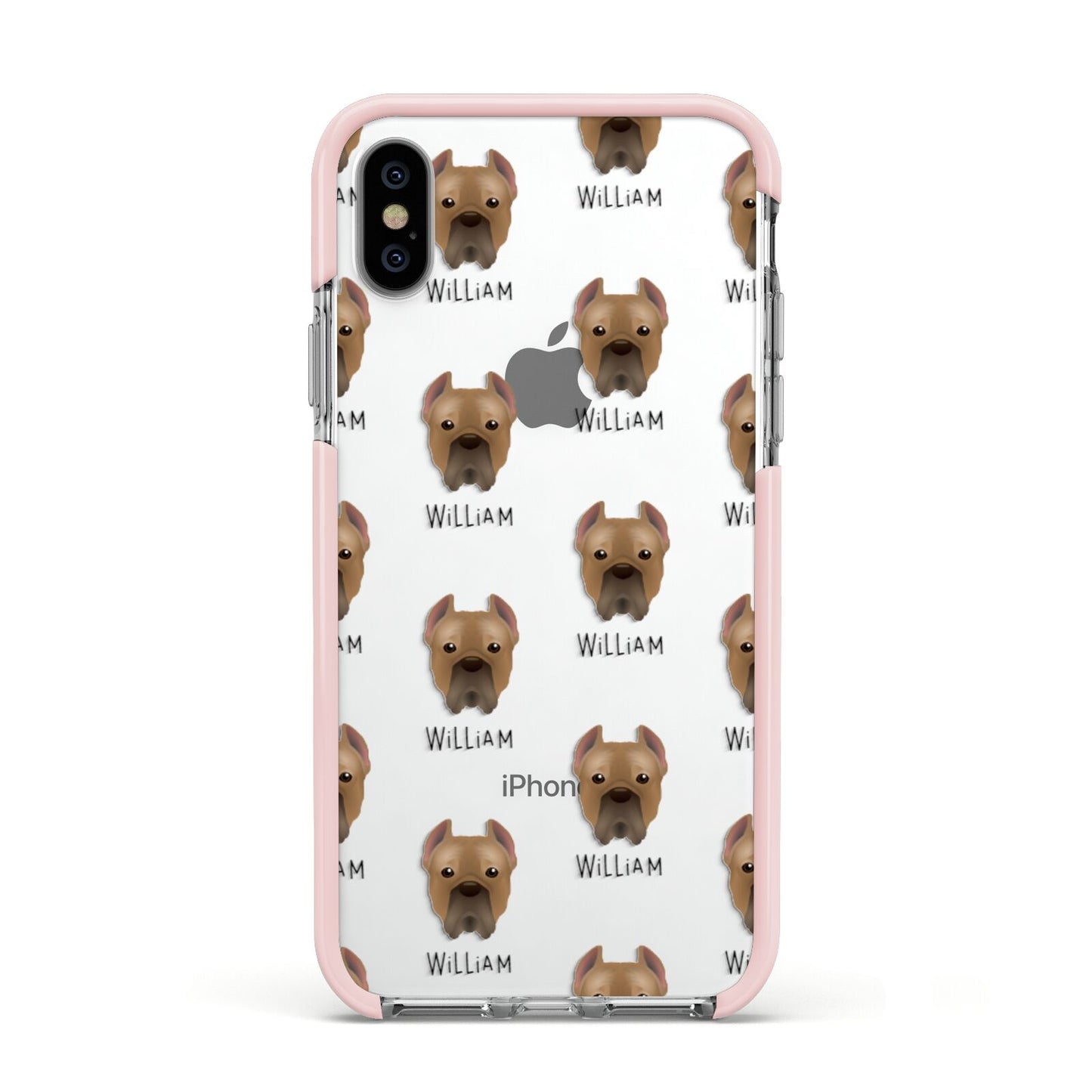 Cane Corso Italiano Icon with Name Apple iPhone Xs Impact Case Pink Edge on Silver Phone