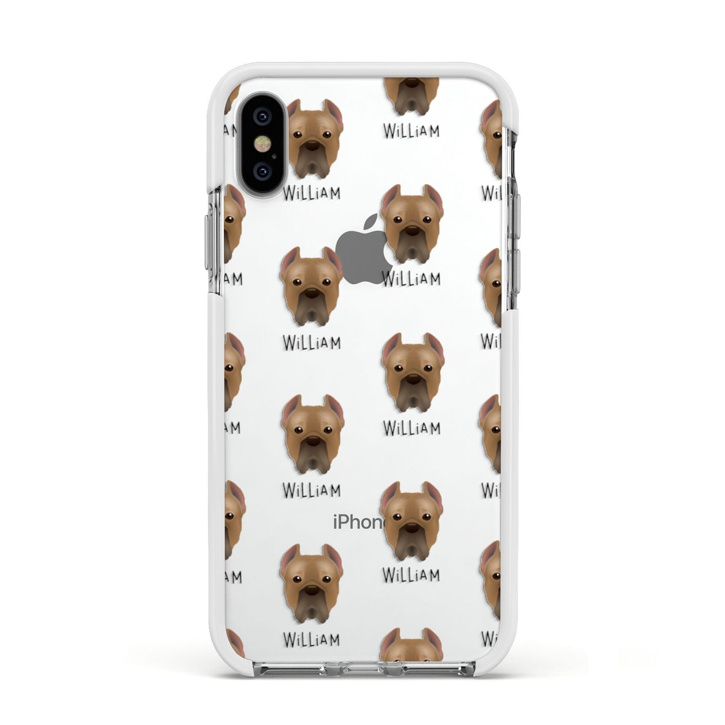 Cane Corso Italiano Icon with Name Apple iPhone Xs Impact Case White Edge on Silver Phone