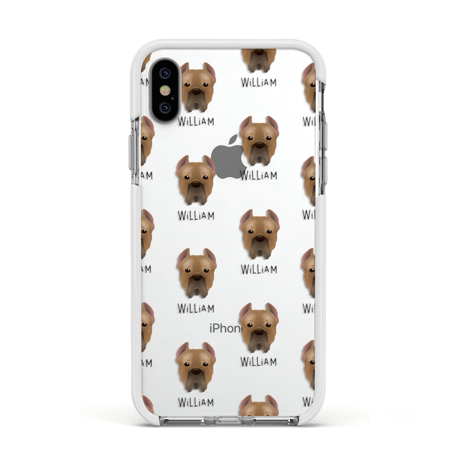 Cane Corso Italiano Icon with Name Apple iPhone Xs Impact Case White Edge on Silver Phone
