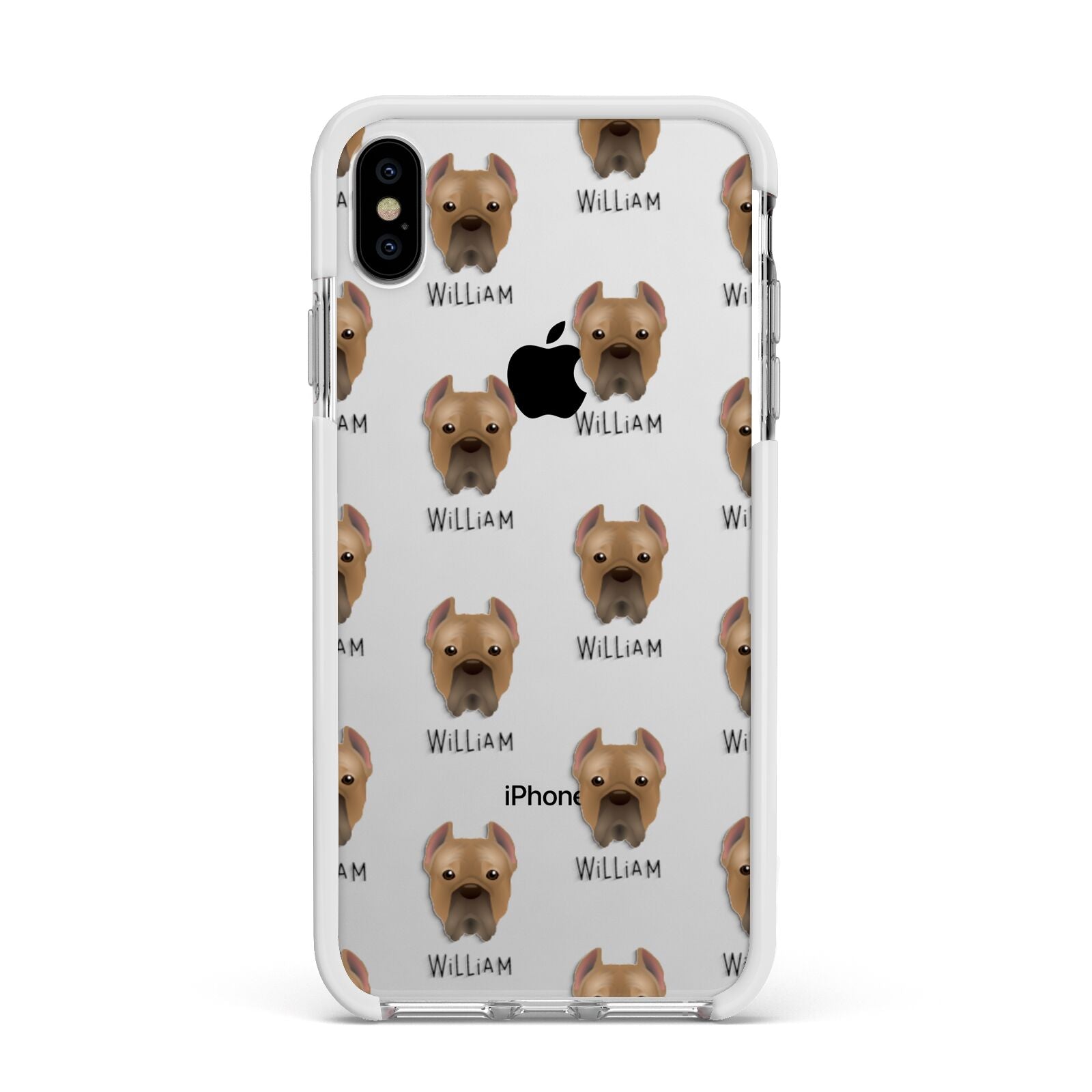Cane Corso Italiano Icon with Name Apple iPhone Xs Max Impact Case White Edge on Silver Phone