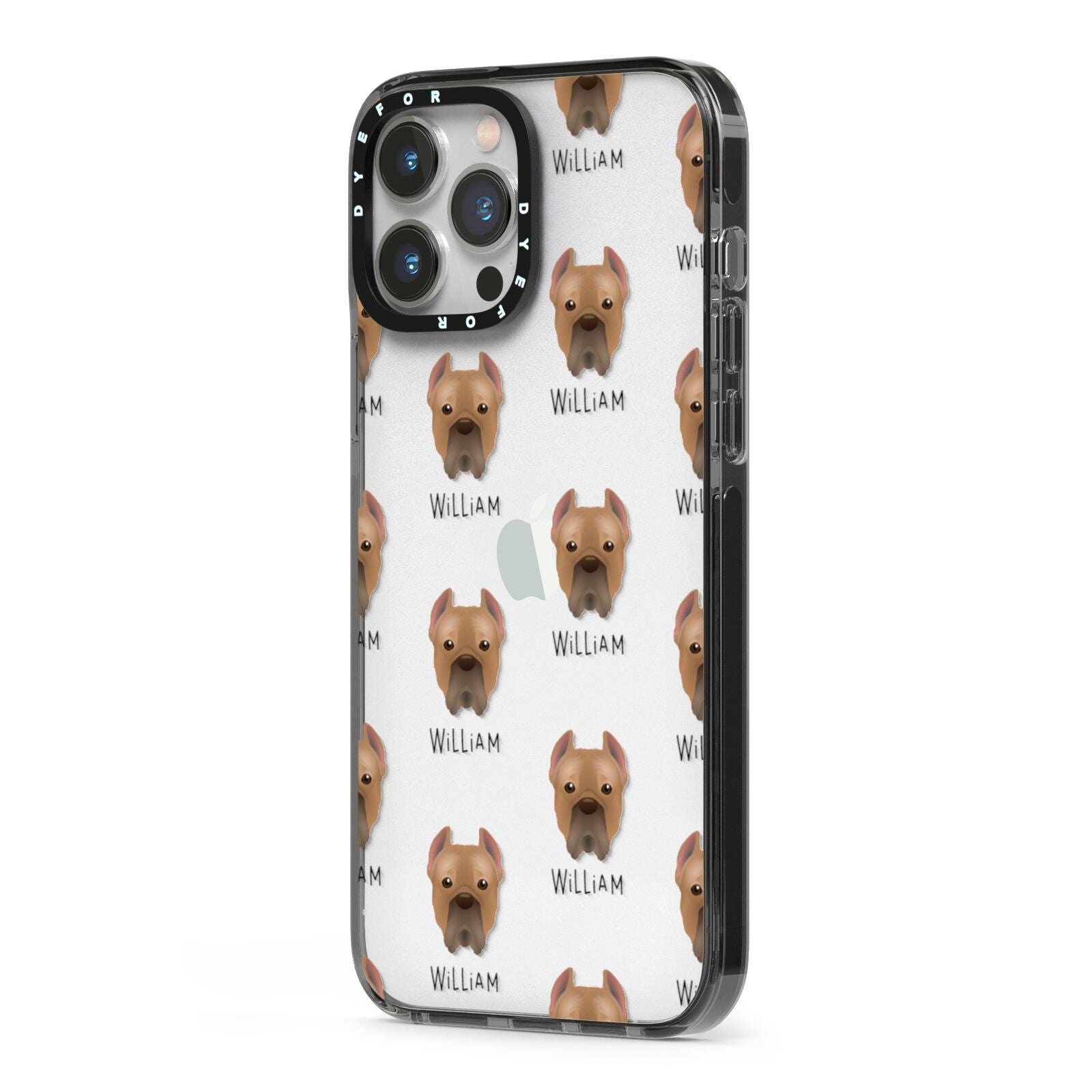 Cane Corso Italiano Icon with Name iPhone 13 Pro Max Black Impact Case Side Angle on Silver phone