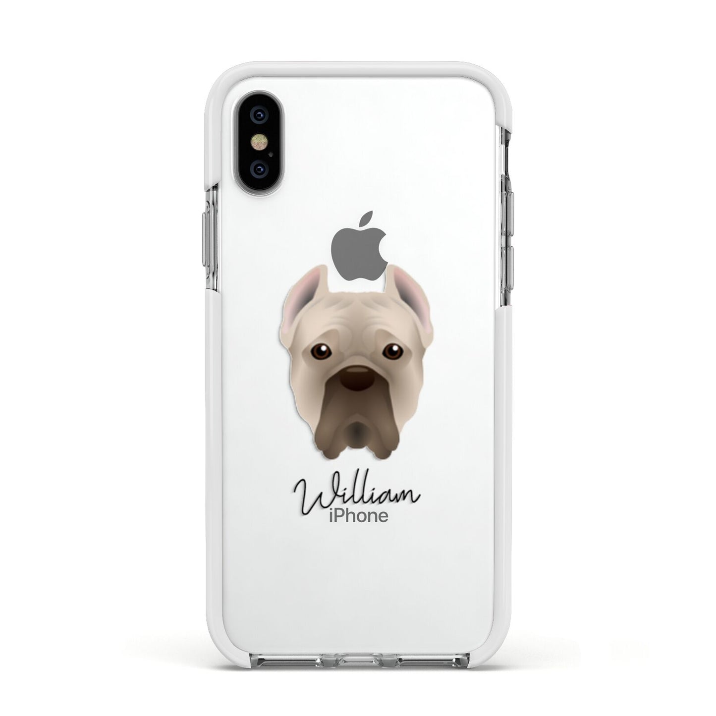 Cane Corso Italiano Personalised Apple iPhone Xs Impact Case White Edge on Silver Phone