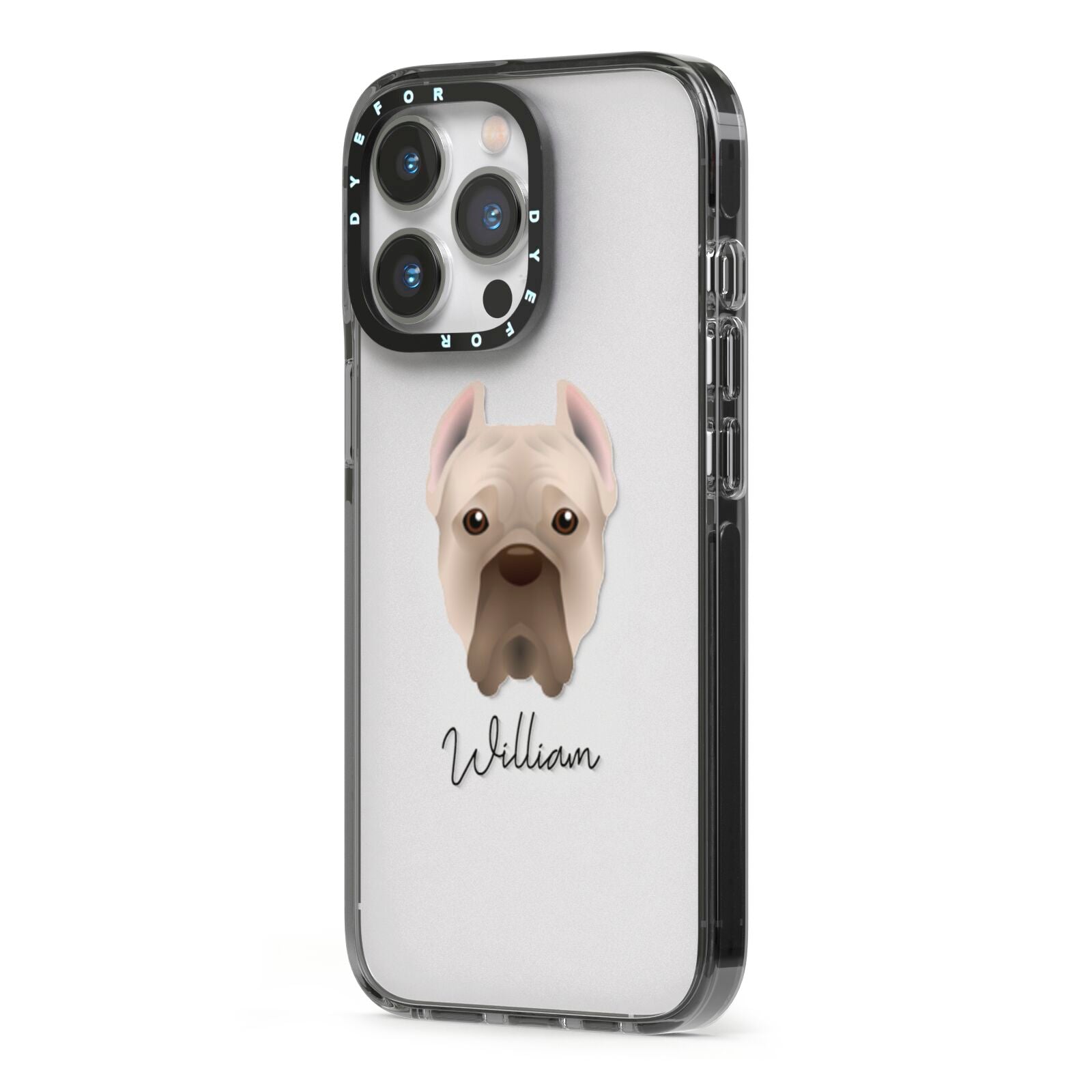 Cane Corso Italiano Personalised iPhone 13 Pro Black Impact Case Side Angle on Silver phone