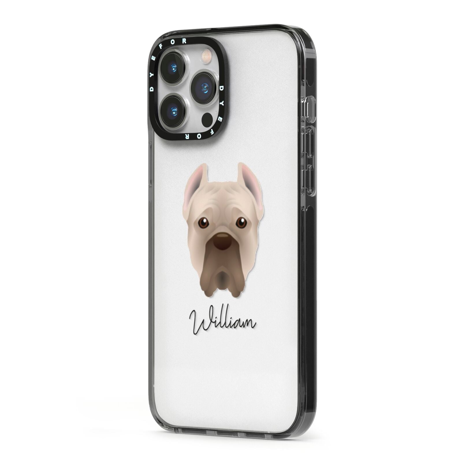 Cane Corso Italiano Personalised iPhone 13 Pro Max Black Impact Case Side Angle on Silver phone