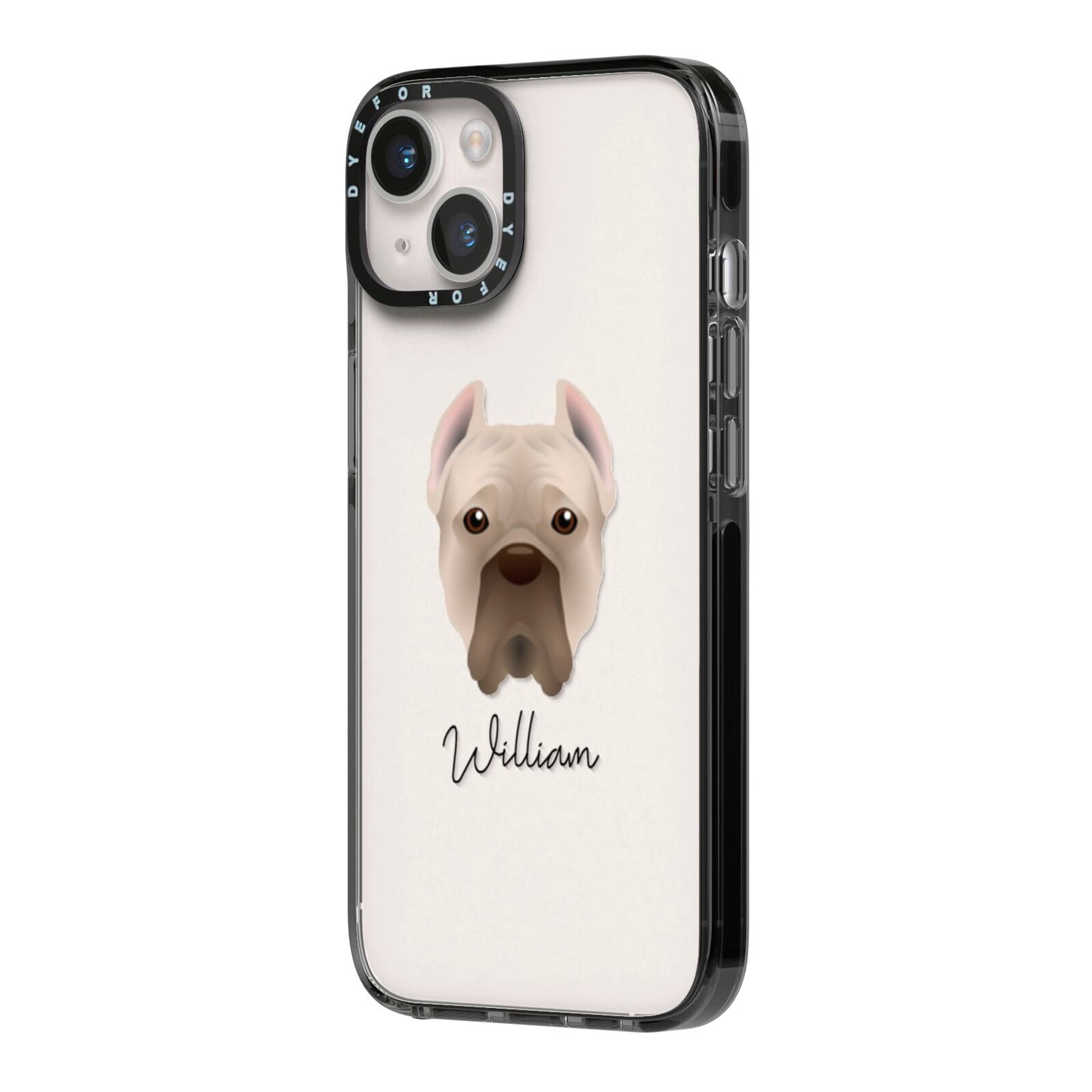 Cane Corso Italiano Personalised iPhone 14 Black Impact Case Side Angle on Silver phone