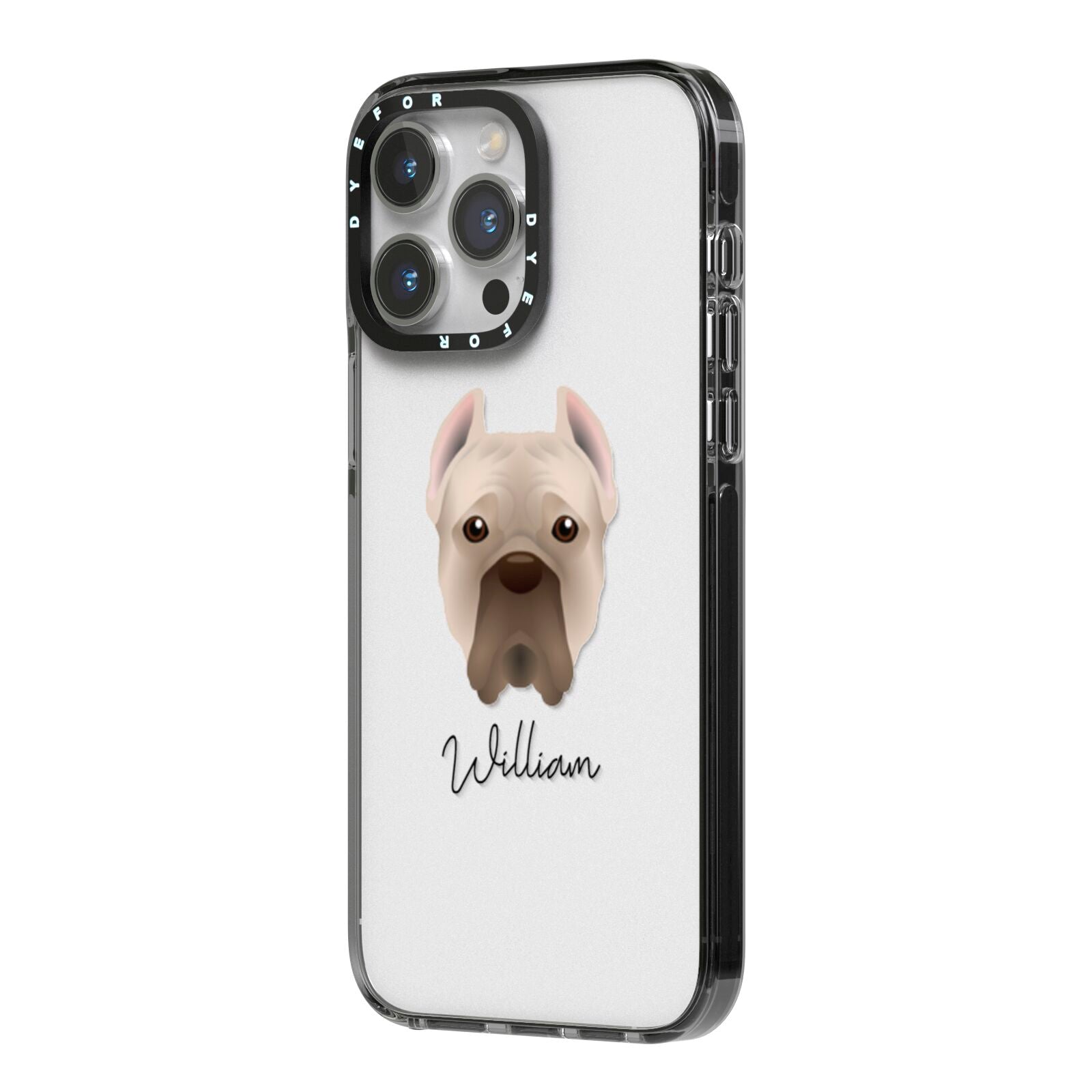 Cane Corso Italiano Personalised iPhone 14 Pro Max Black Impact Case Side Angle on Silver phone