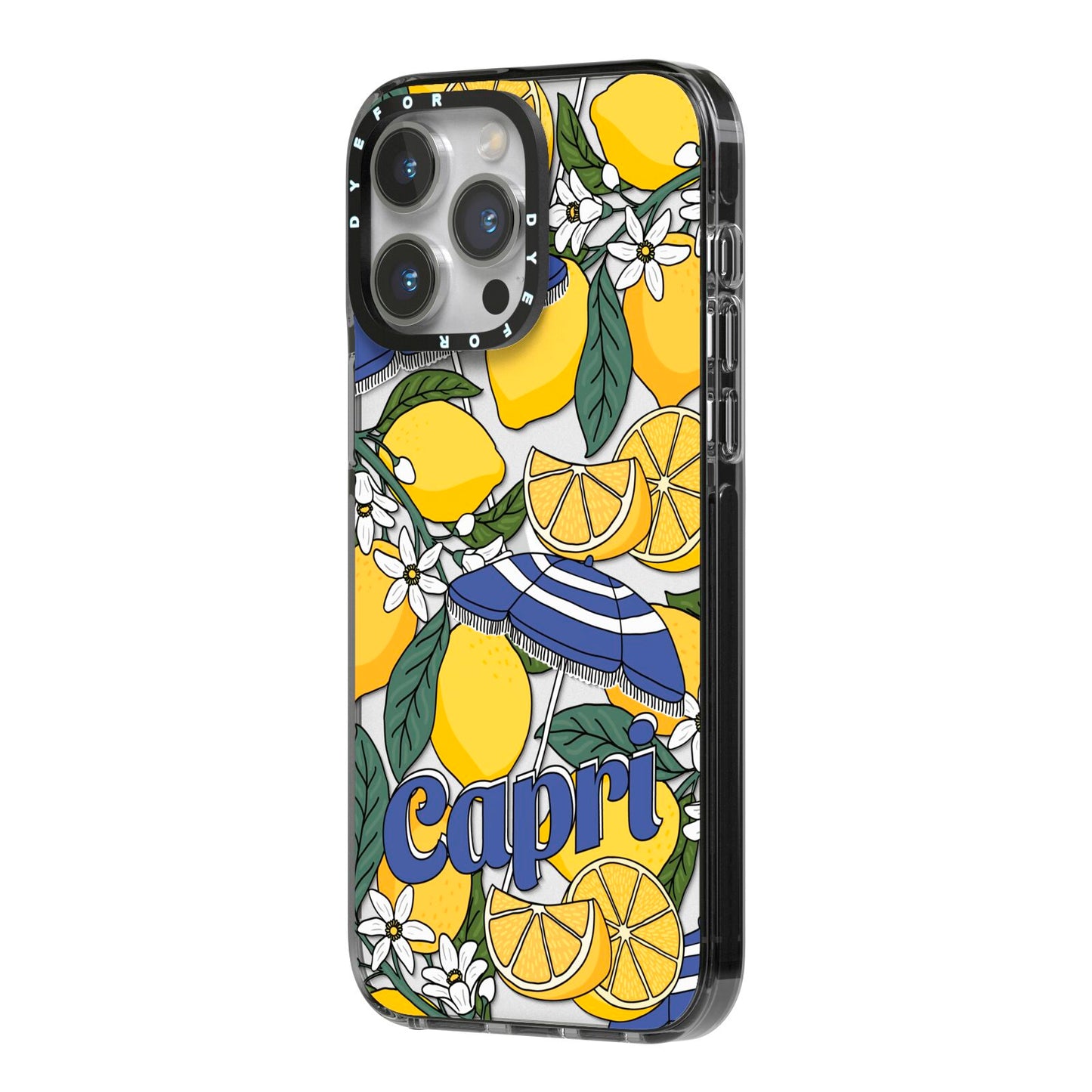 Capri iPhone 14 Pro Max Black Impact Case Side Angle on Silver phone