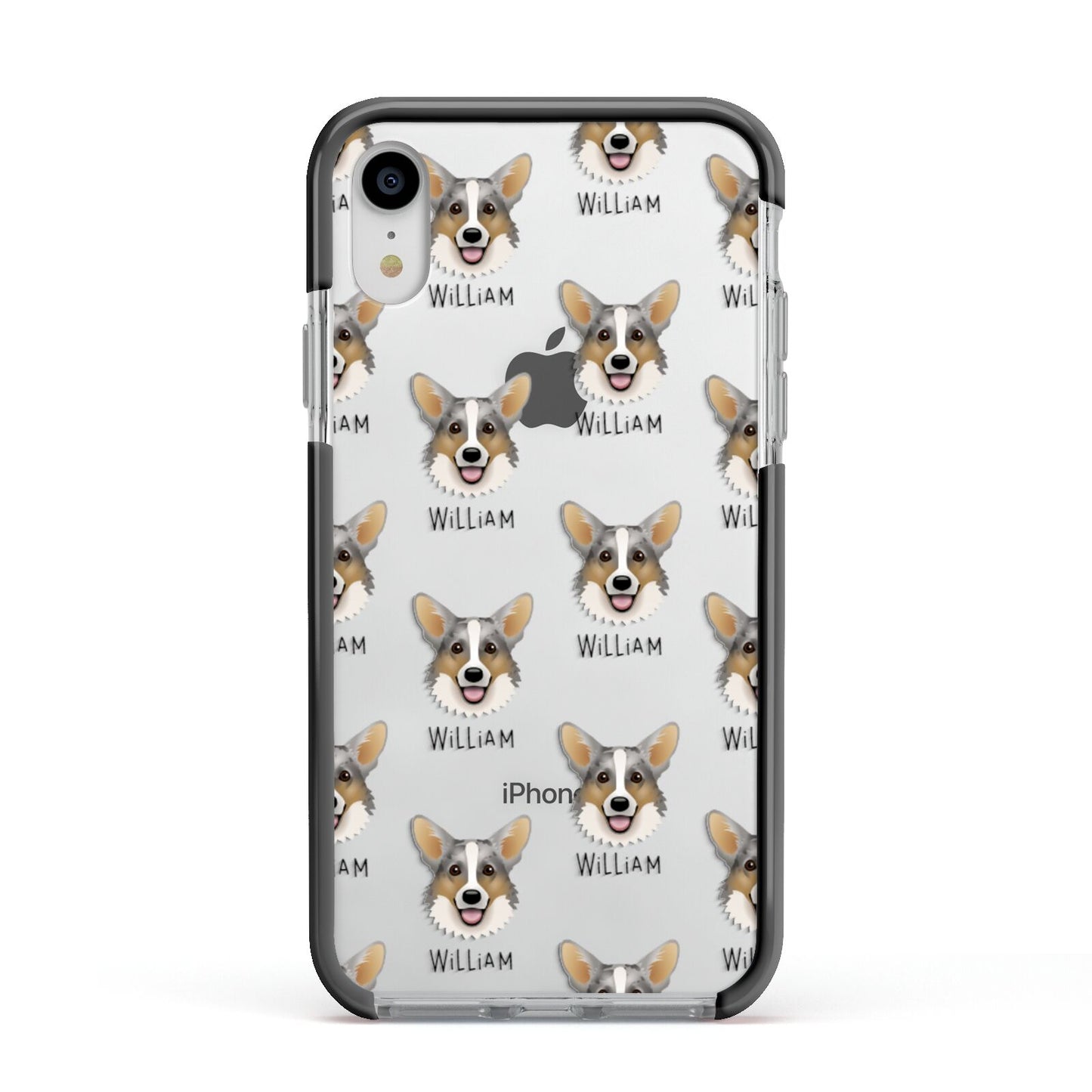 Cardigan Welsh Corgi Icon with Name Apple iPhone XR Impact Case Black Edge on Silver Phone
