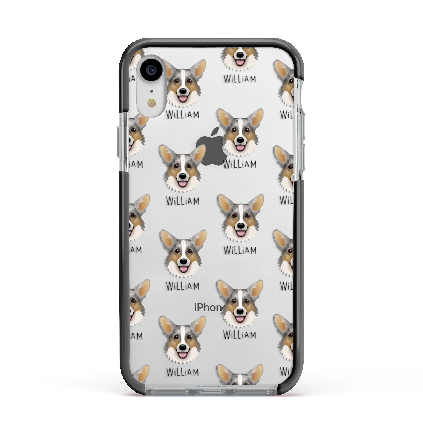 Cardigan Welsh Corgi Icon with Name Apple iPhone XR Impact Case Black Edge on Silver Phone