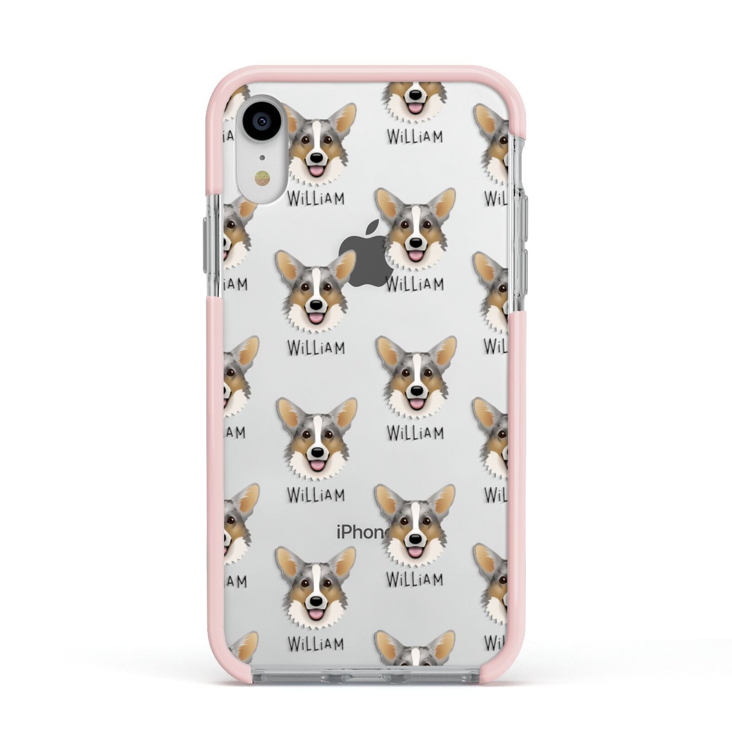 Cardigan Welsh Corgi Icon with Name Apple iPhone XR Impact Case Pink Edge on Silver Phone