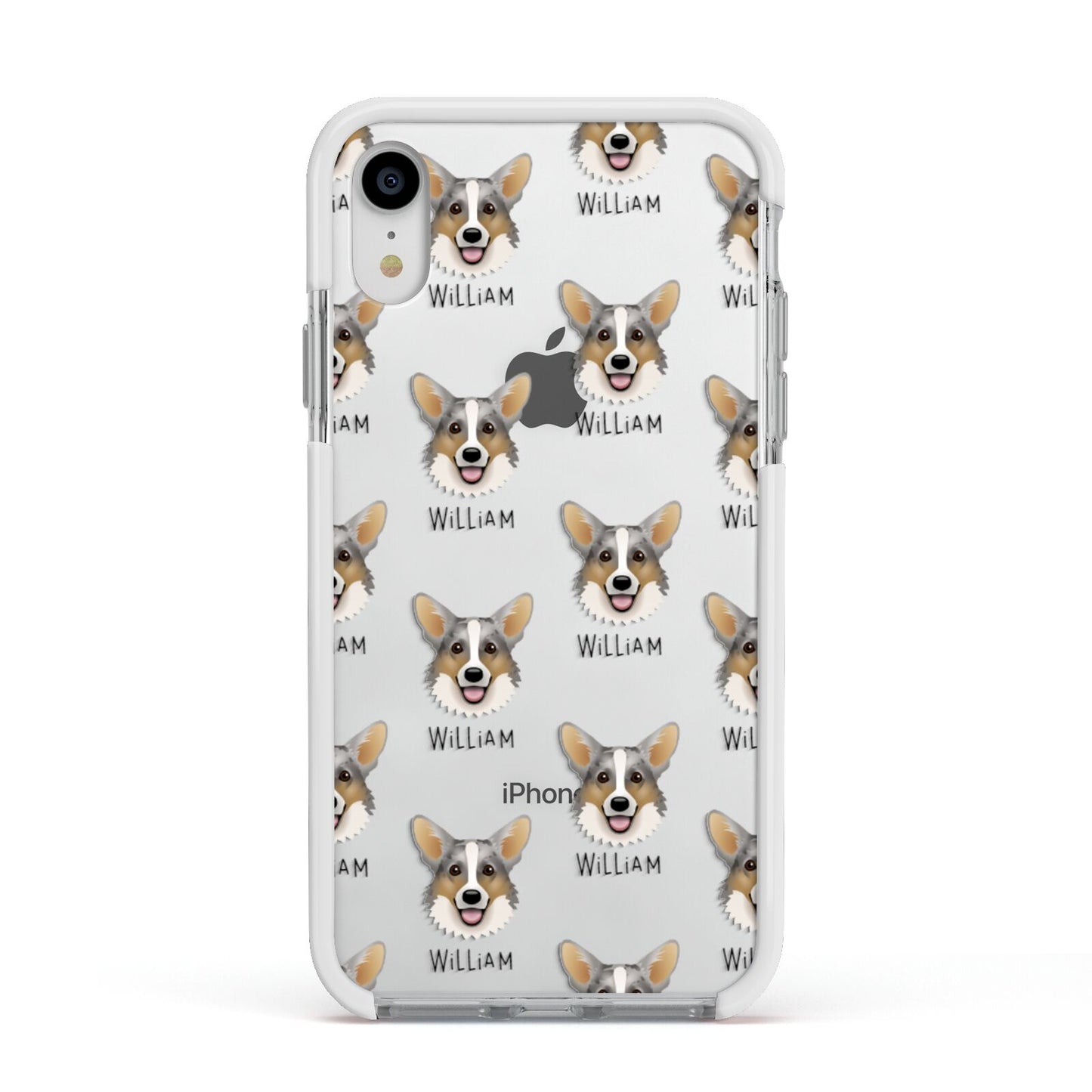 Cardigan Welsh Corgi Icon with Name Apple iPhone XR Impact Case White Edge on Silver Phone