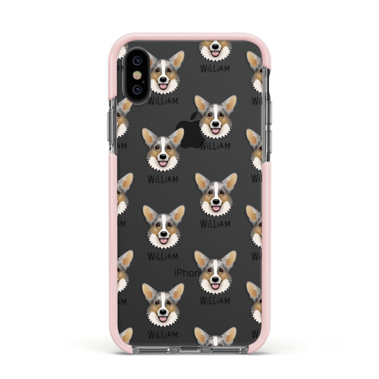 Cardigan Welsh Corgi Icon with Name Apple iPhone Xs Impact Case Pink Edge on Black Phone