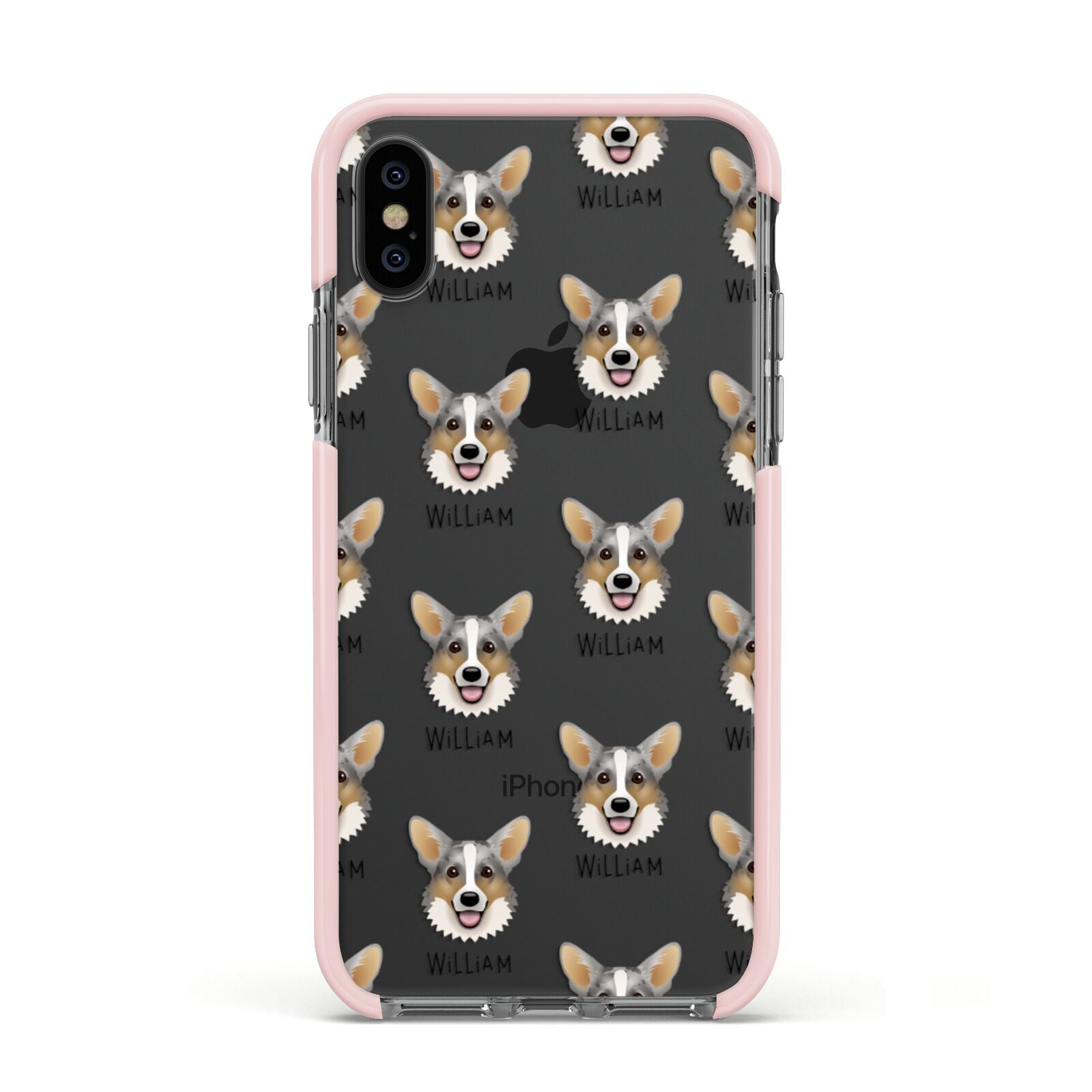 Cardigan Welsh Corgi Icon with Name Apple iPhone Xs Impact Case Pink Edge on Black Phone
