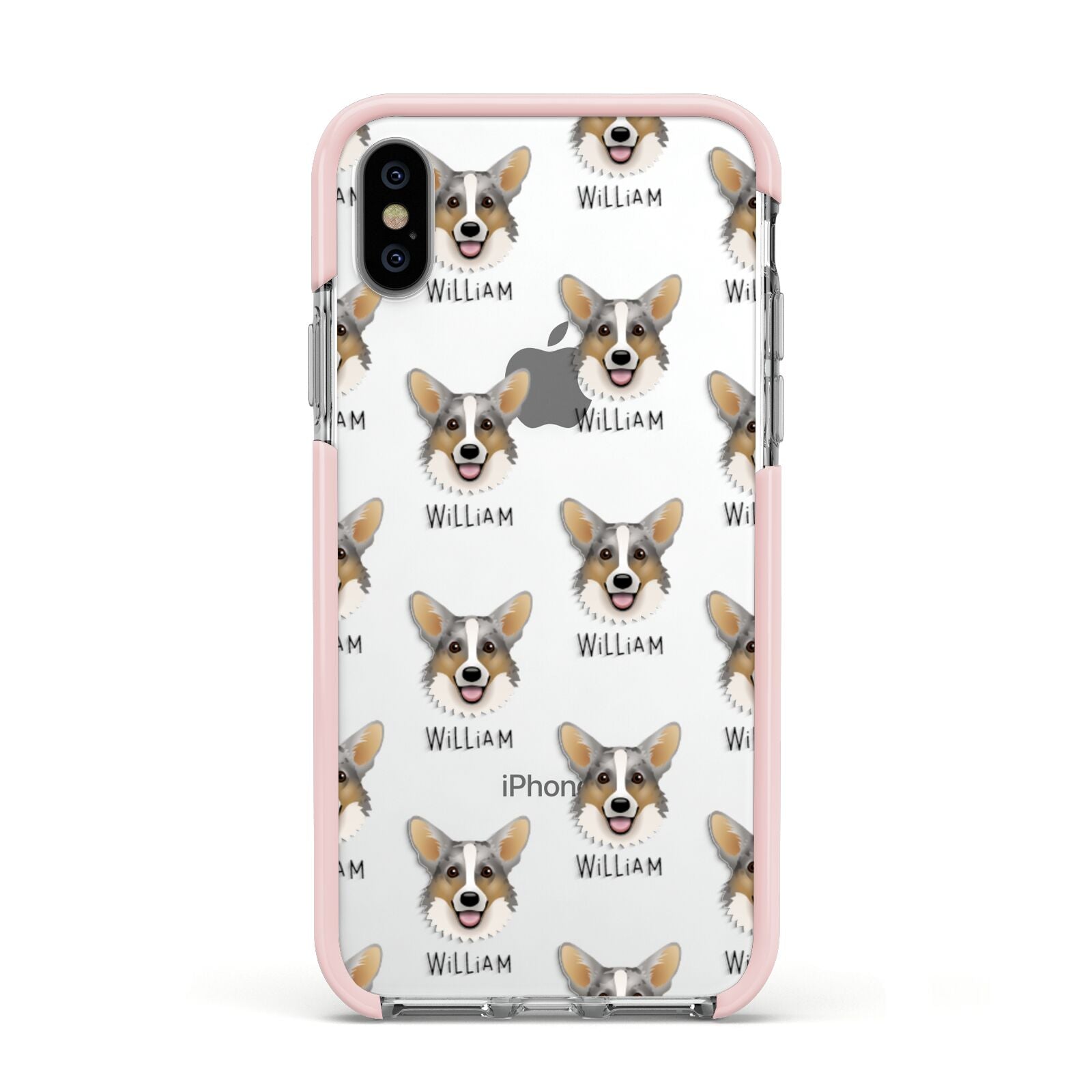Cardigan Welsh Corgi Icon with Name Apple iPhone Xs Impact Case Pink Edge on Silver Phone