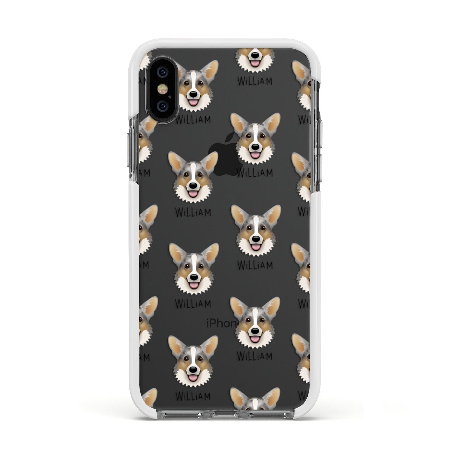 Cardigan Welsh Corgi Icon with Name Apple iPhone Xs Impact Case White Edge on Black Phone
