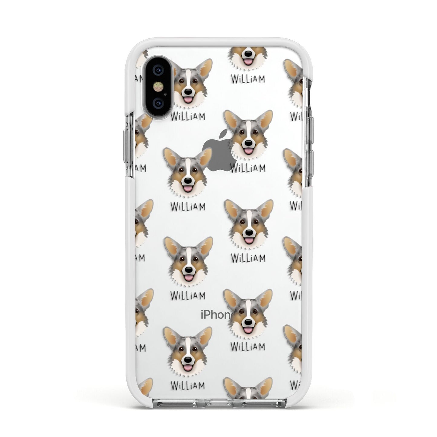 Cardigan Welsh Corgi Icon with Name Apple iPhone Xs Impact Case White Edge on Silver Phone
