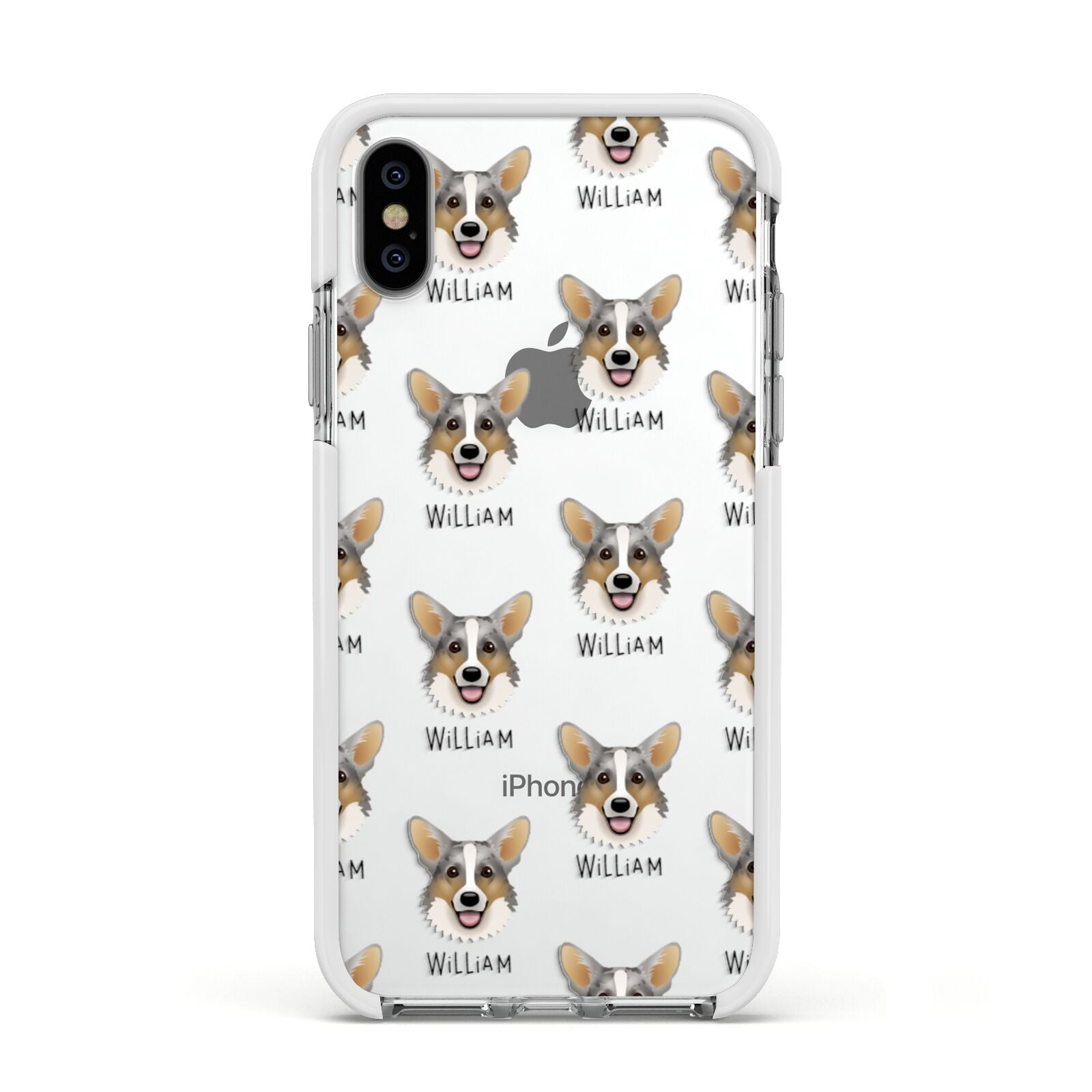 Cardigan Welsh Corgi Icon with Name Apple iPhone Xs Impact Case White Edge on Silver Phone