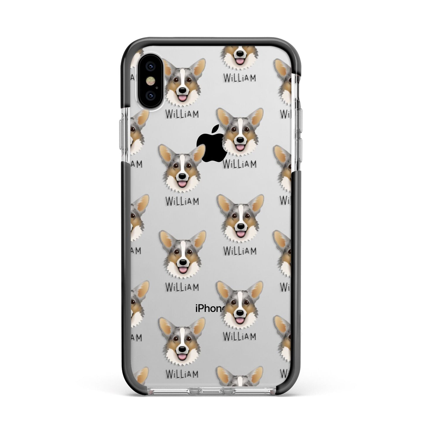 Cardigan Welsh Corgi Icon with Name Apple iPhone Xs Max Impact Case Black Edge on Silver Phone