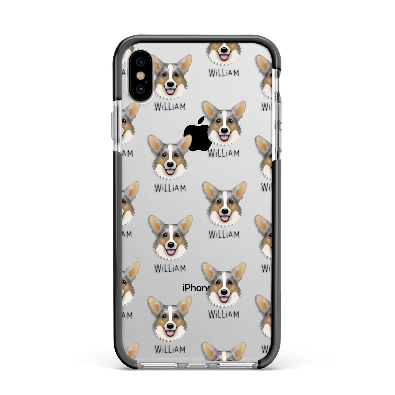 Cardigan Welsh Corgi Icon with Name Apple iPhone Xs Max Impact Case Black Edge on Silver Phone