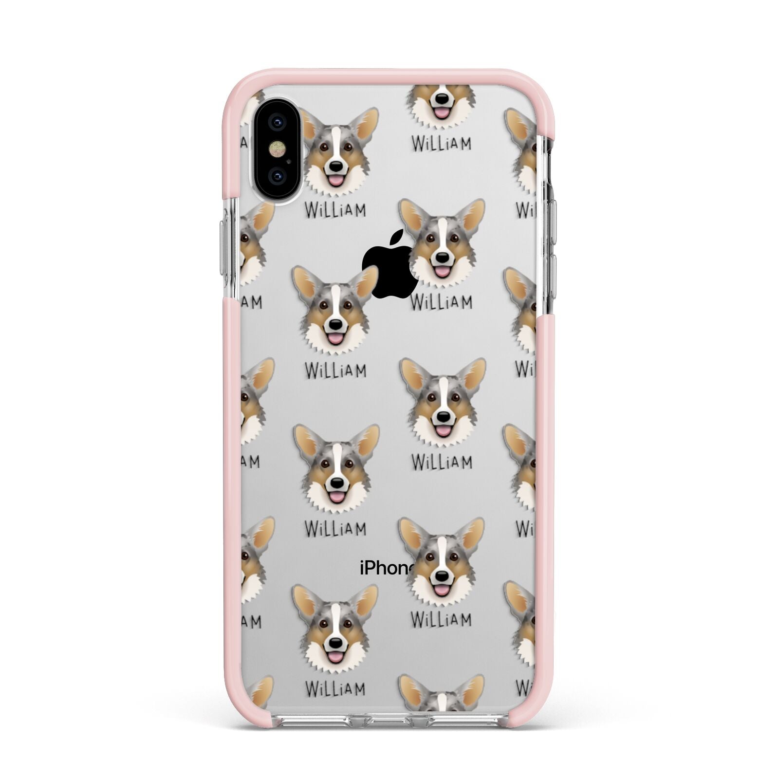 Cardigan Welsh Corgi Icon with Name Apple iPhone Xs Max Impact Case Pink Edge on Silver Phone