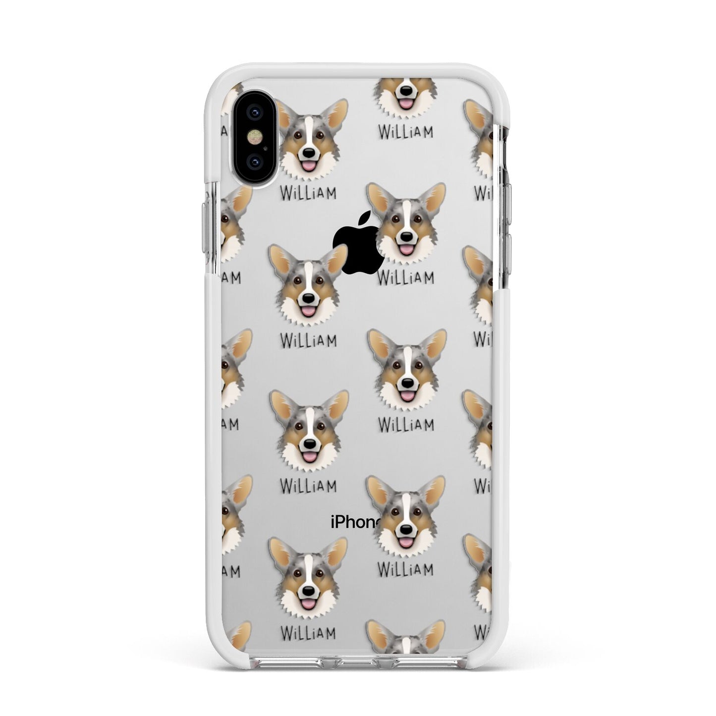 Cardigan Welsh Corgi Icon with Name Apple iPhone Xs Max Impact Case White Edge on Silver Phone