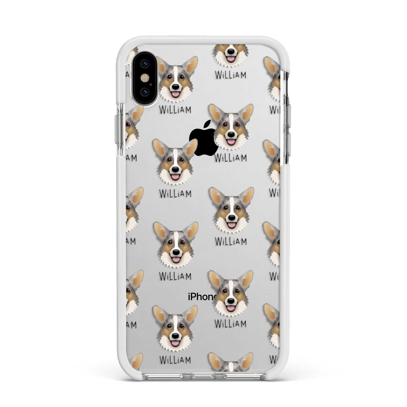 Cardigan Welsh Corgi Icon with Name Apple iPhone Xs Max Impact Case White Edge on Silver Phone