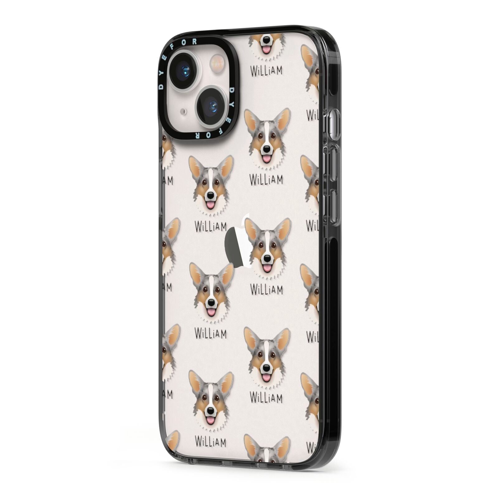 Cardigan Welsh Corgi Icon with Name iPhone 13 Black Impact Case Side Angle on Silver phone