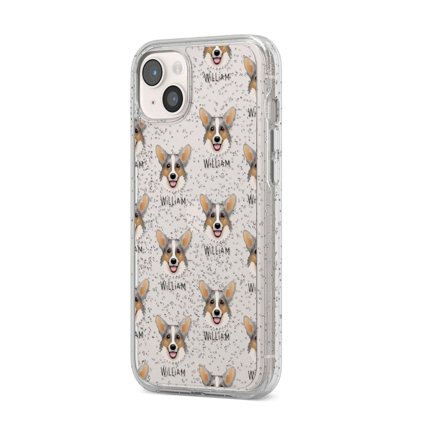 Cardigan Welsh Corgi Icon with Name iPhone 14 Plus Glitter Tough Case Starlight Angled Image