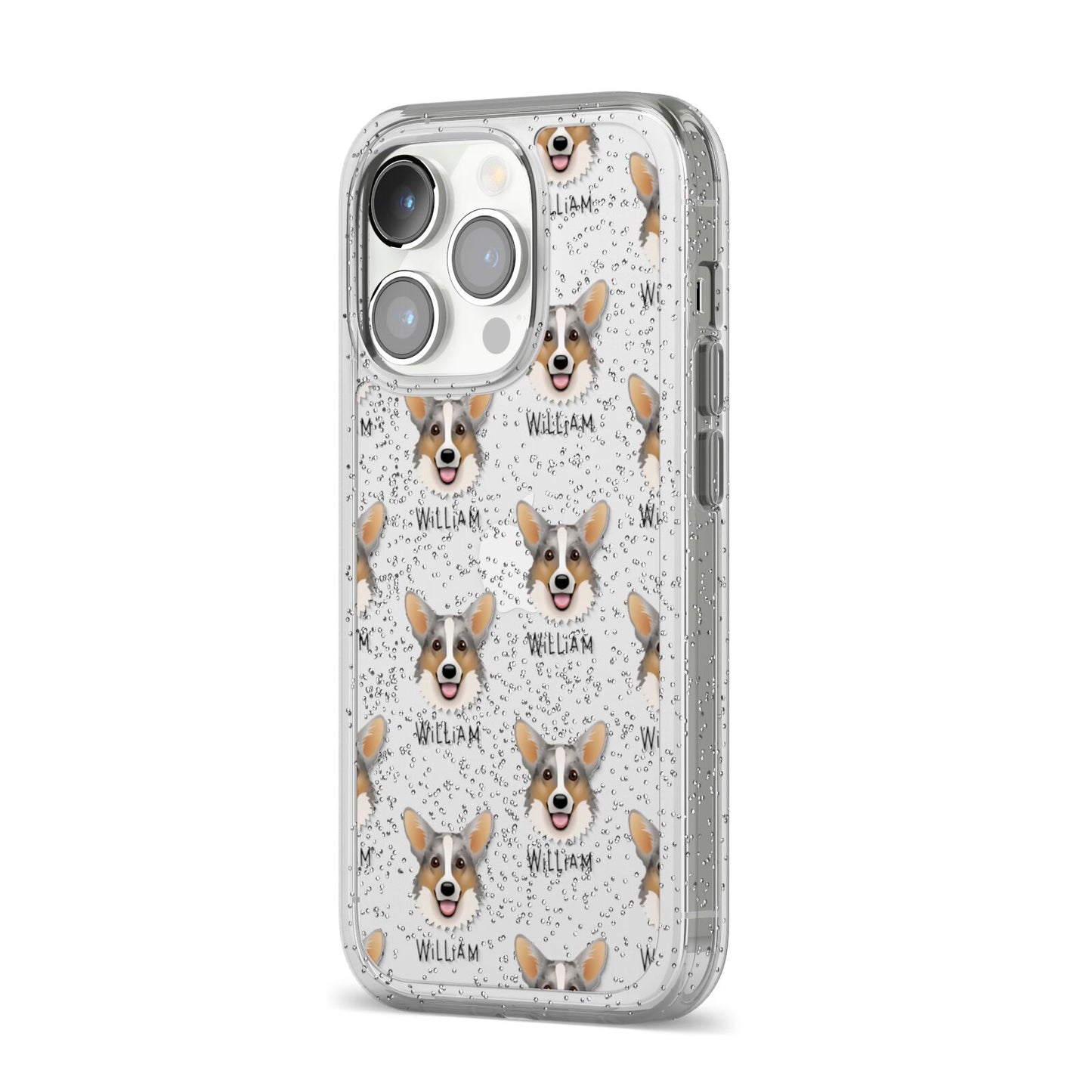 Cardigan Welsh Corgi Icon with Name iPhone 14 Pro Glitter Tough Case Silver Angled Image