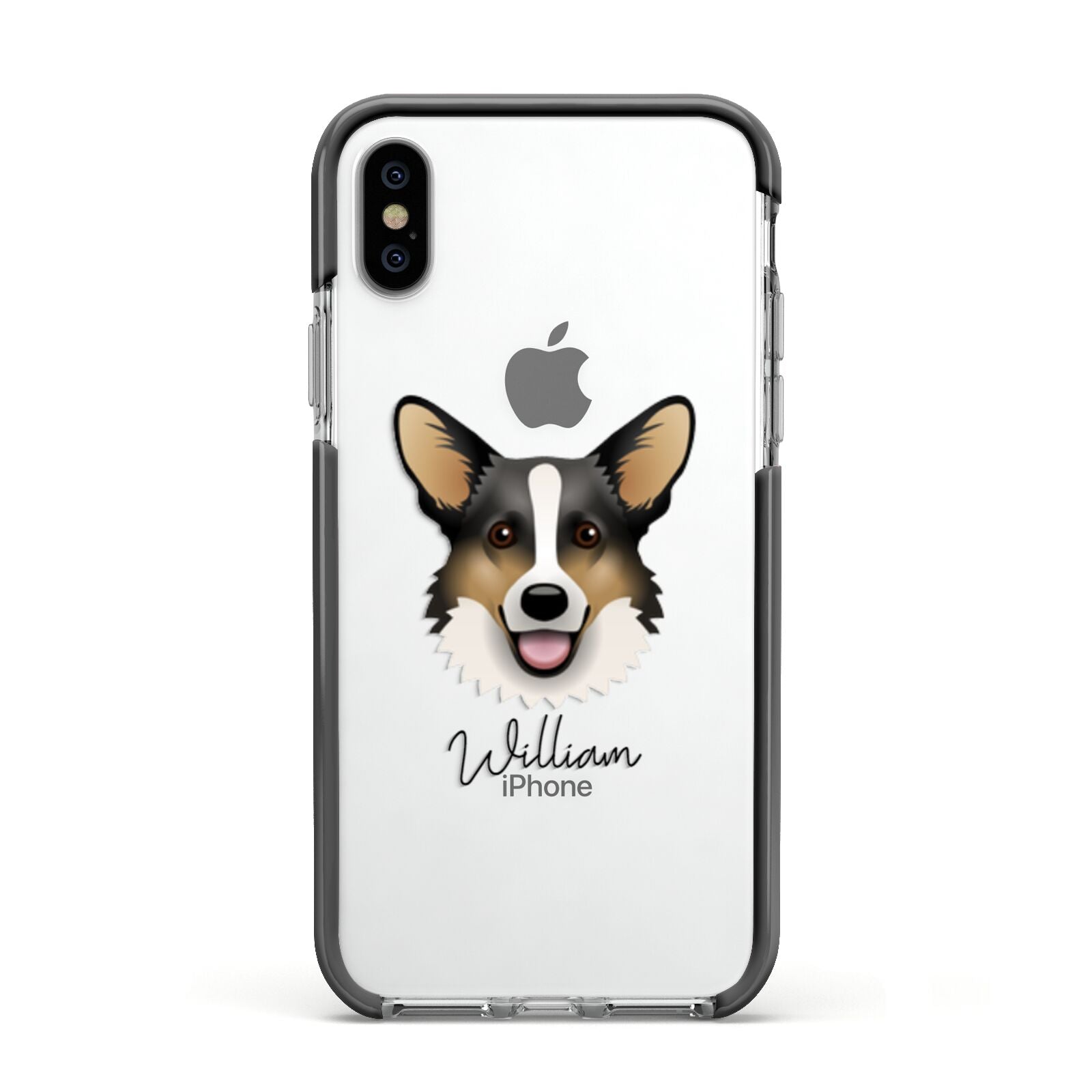 Cardigan Welsh Corgi Personalised Apple iPhone Xs Impact Case Black Edge on Silver Phone