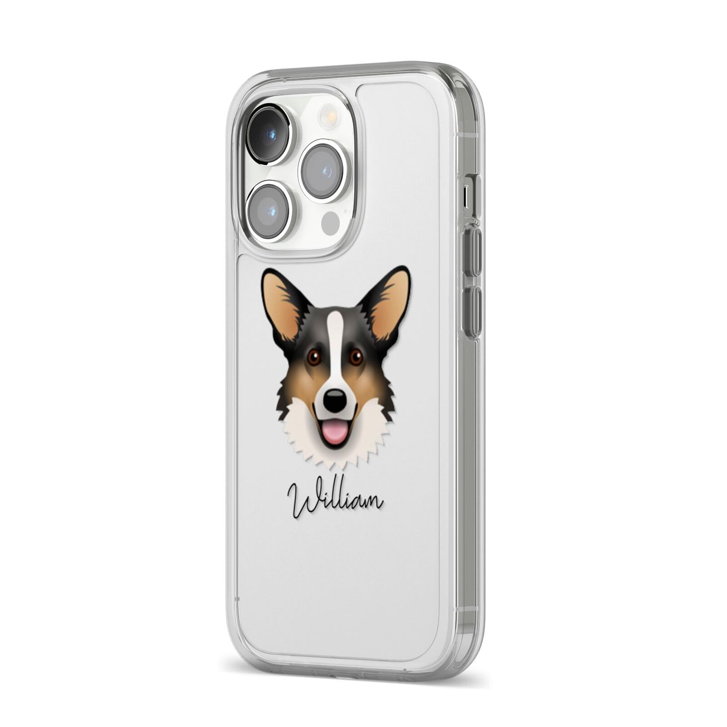 Cardigan Welsh Corgi Personalised iPhone 14 Pro Clear Tough Case Silver Angled Image