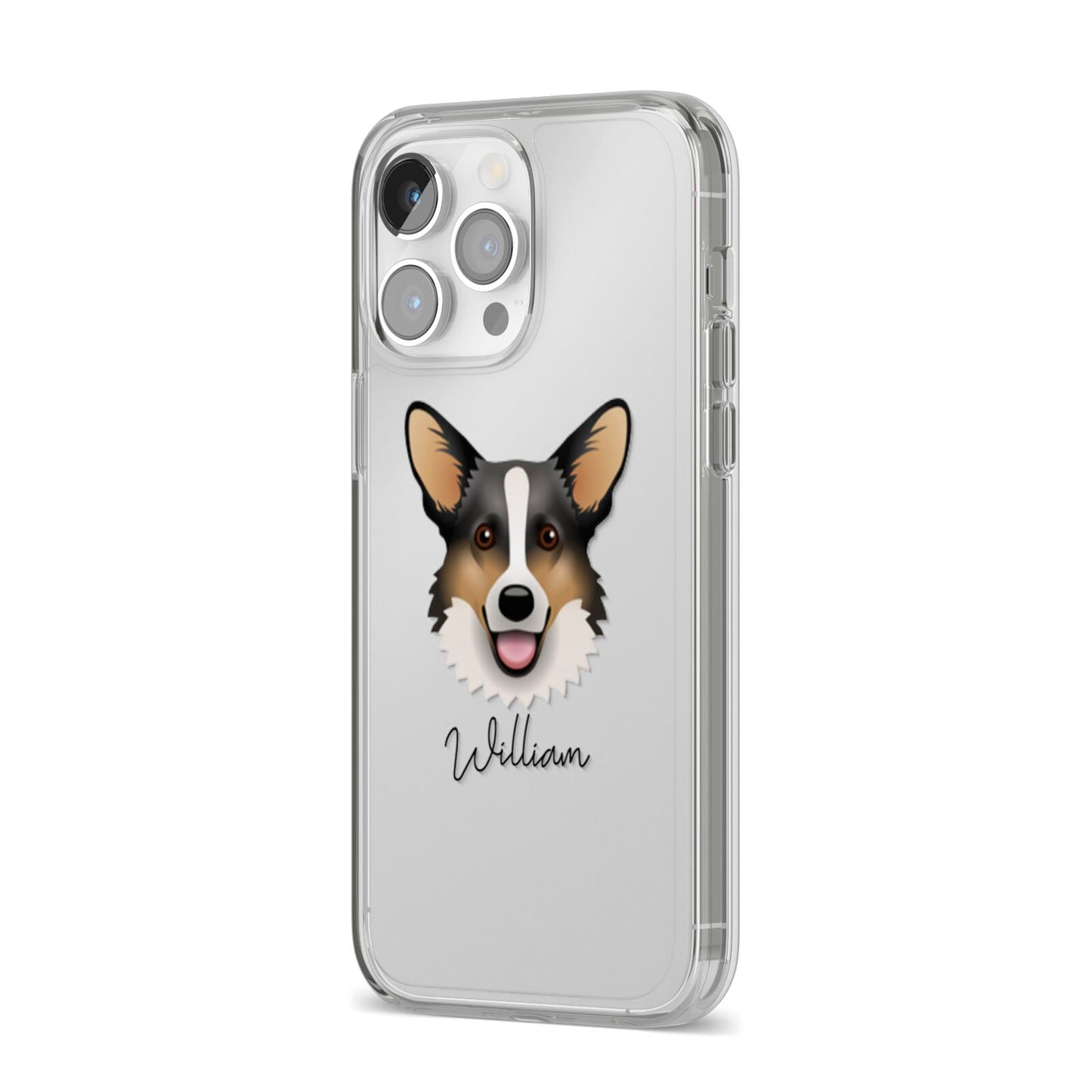 Cardigan Welsh Corgi Personalised iPhone 14 Pro Max Clear Tough Case Silver Angled Image